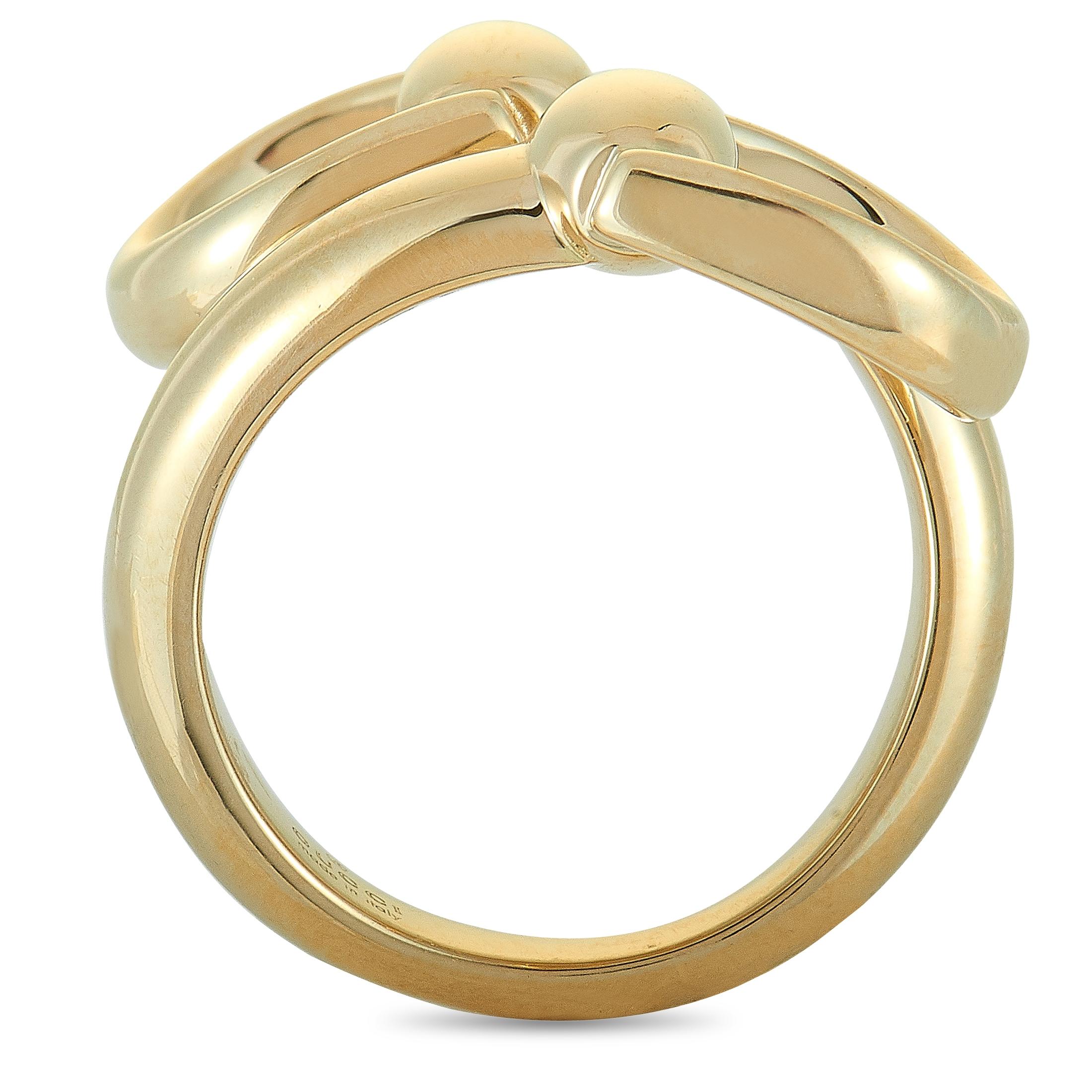 The Gucci “Horsebit” ring is crafted from 18K yellow gold and weighs 11 grams. The ring boasts band thickness of 3 mm and top height of 4 mm, while top dimensions measure 24 by 18 mm.

This item is offered in brand new condition and includes the