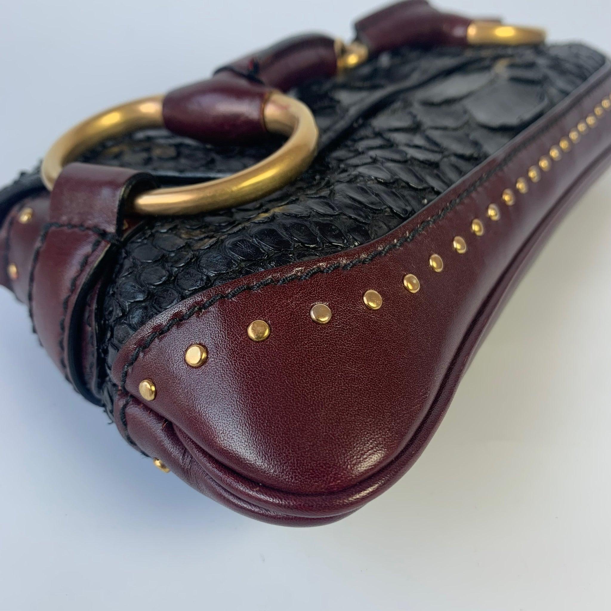 Gucci Horsebit 1955 Black Crocodile Skin, Burgundy Leather Based & Gold Hardware 6