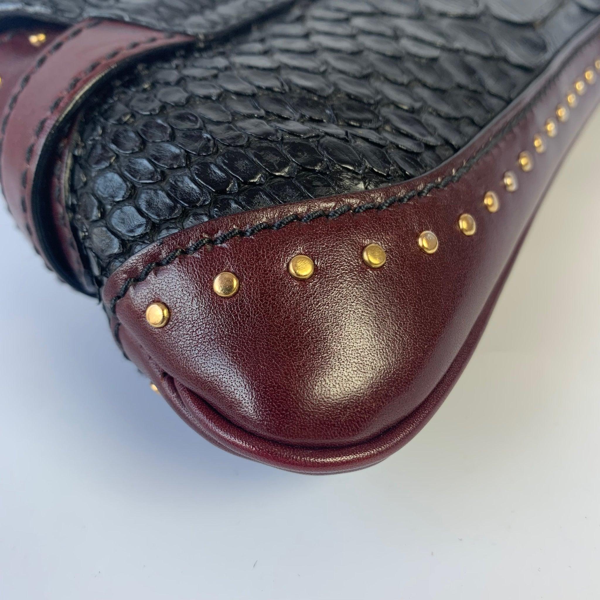 Gucci Horsebit 1955 Black Crocodile Skin, Burgundy Leather Based & Gold Hardware 7