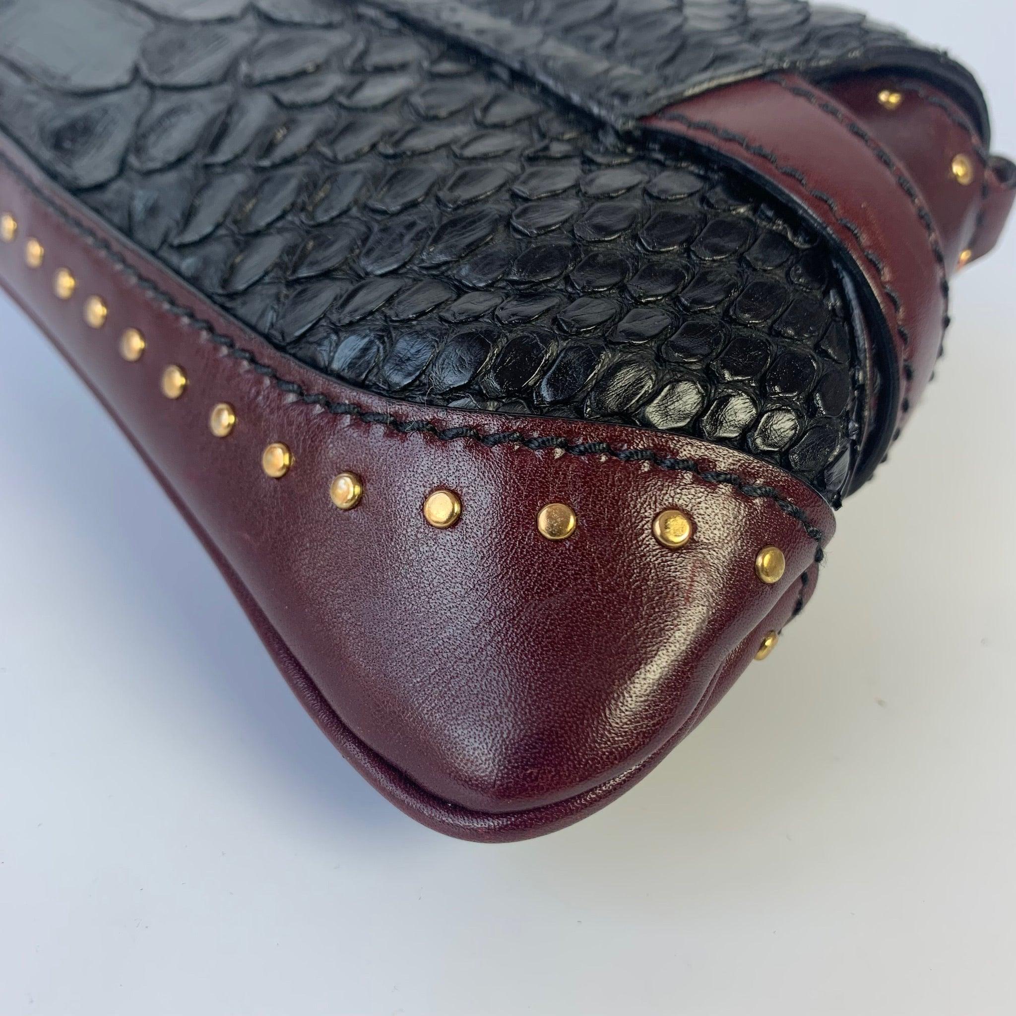 Gucci Horsebit 1955 Black Crocodile Skin, Burgundy Leather Based & Gold Hardware 8