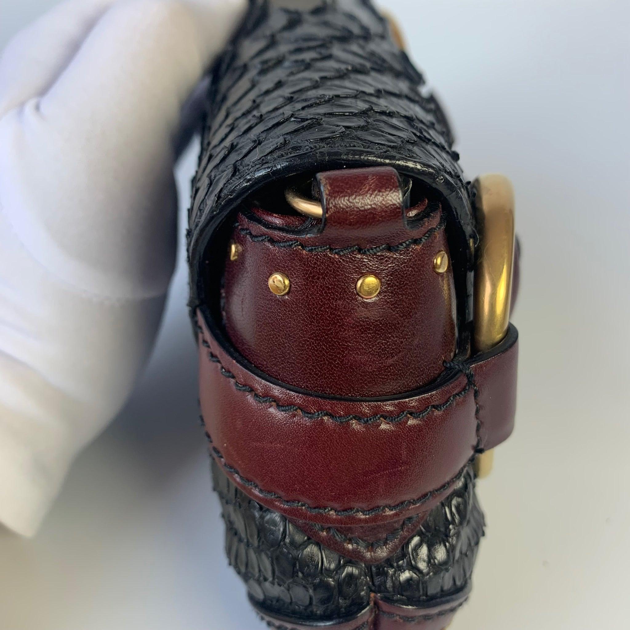 Gucci Horsebit 1955 Black Crocodile Skin, Burgundy Leather Based & Gold Hardware 9