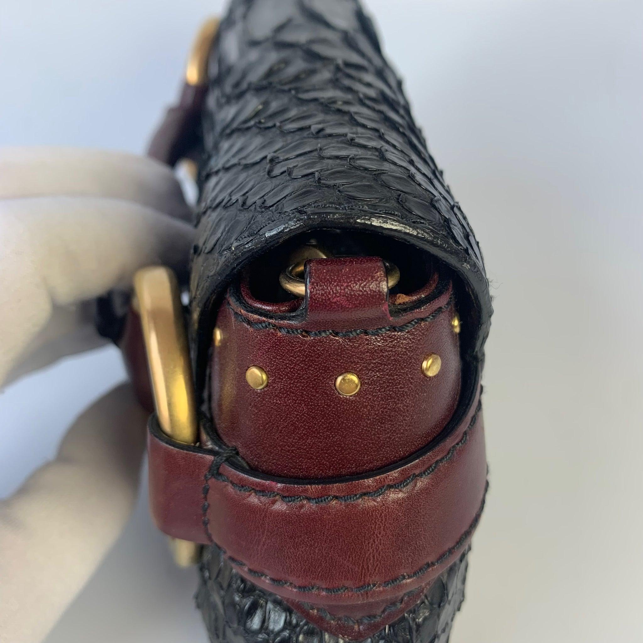 Gucci Horsebit 1955 Black Crocodile Skin, Burgundy Leather Based & Gold Hardware 10