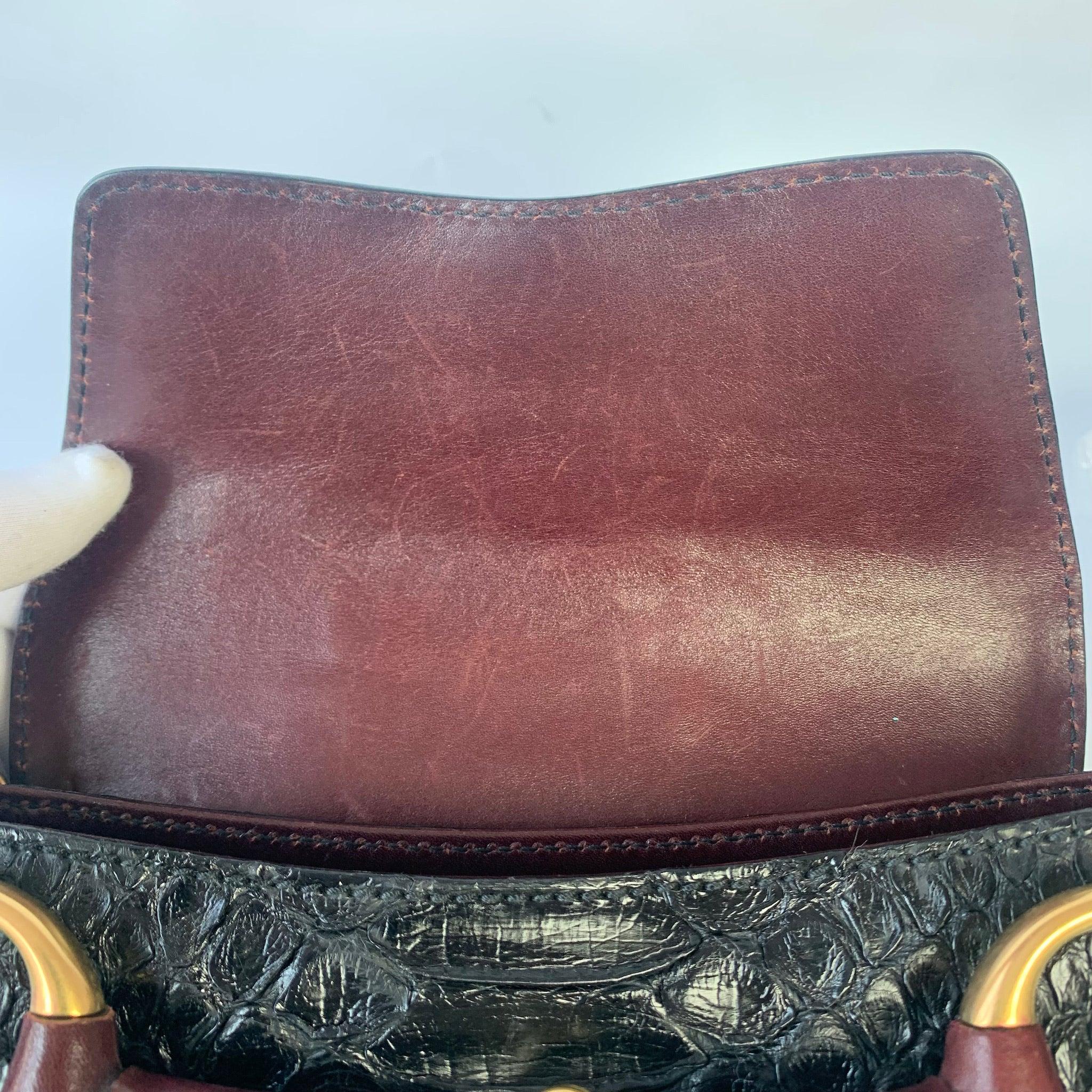 Gucci Horsebit 1955 Black Crocodile Skin, Burgundy Leather Based & Gold Hardware 11