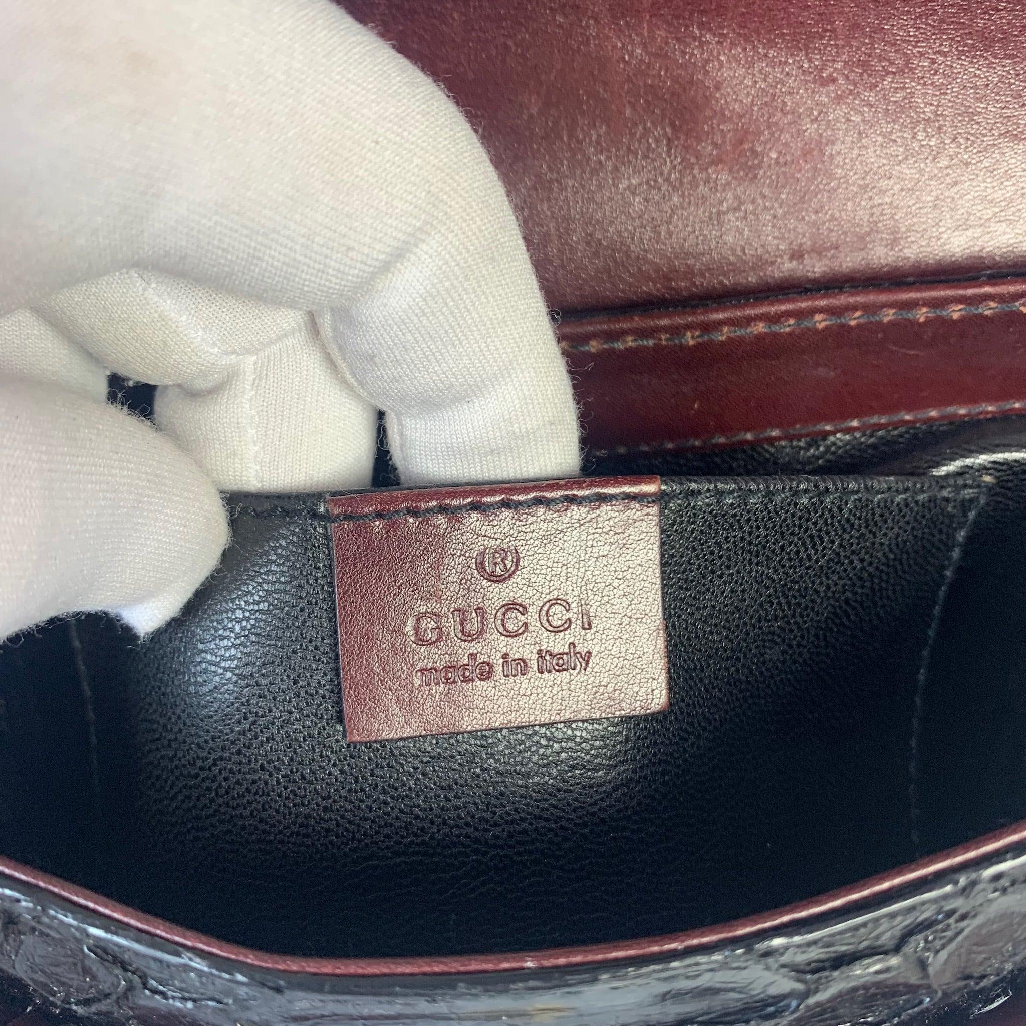 Gucci Horsebit 1955 Black Crocodile Skin, Burgundy Leather Based & Gold Hardware 13