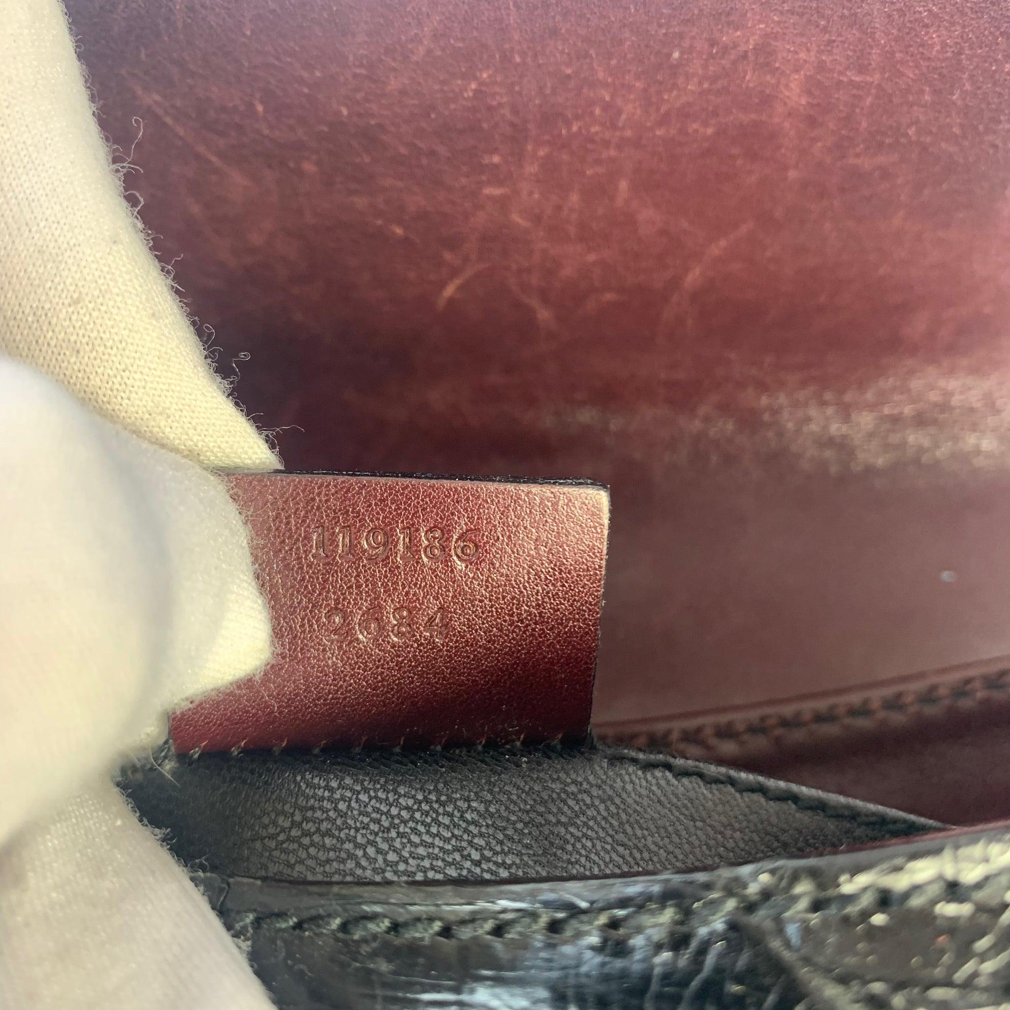 Gucci Horsebit 1955 Black Crocodile Skin, Burgundy Leather Based & Gold Hardware 14