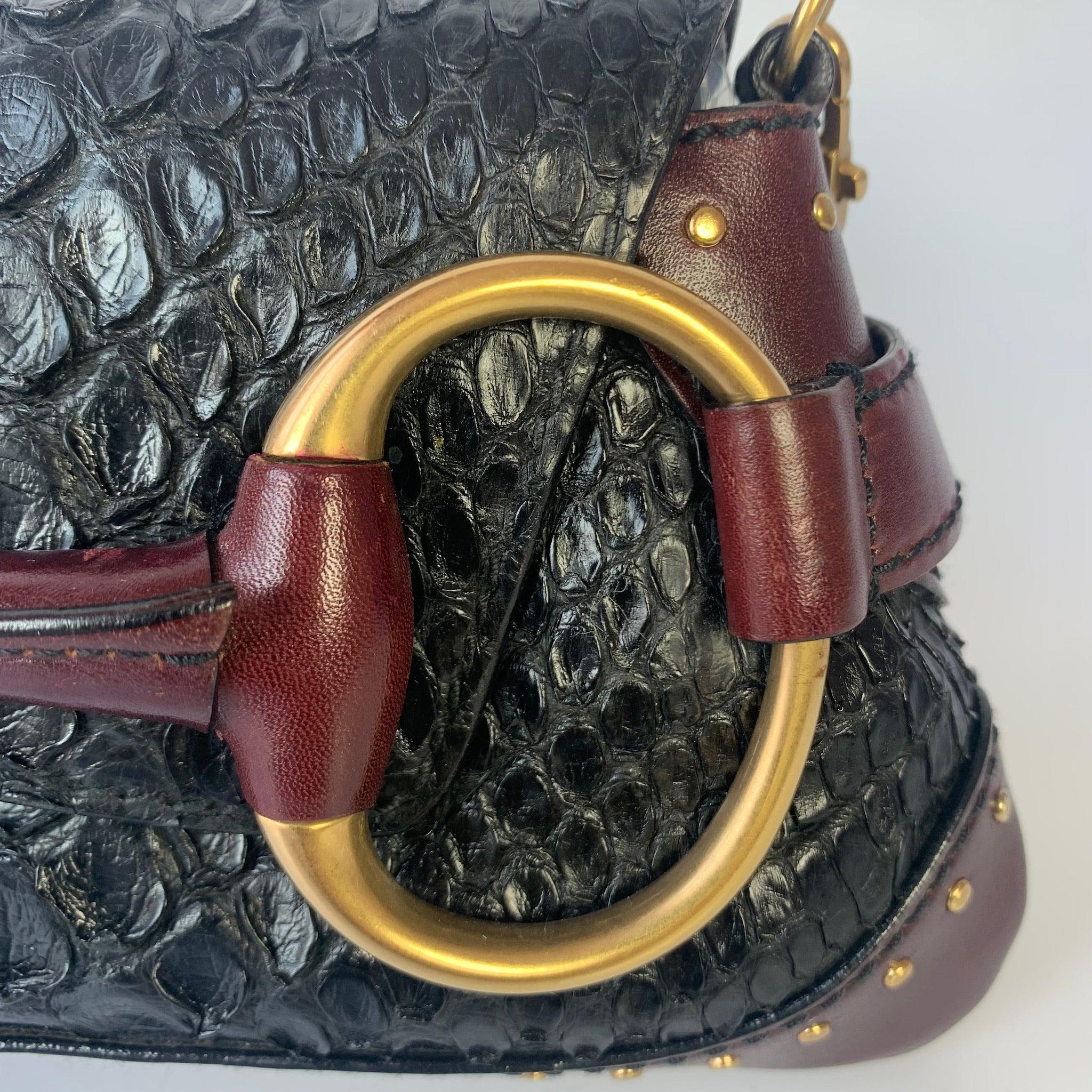 Gucci Horsebit 1955 Black Crocodile Skin, Burgundy Leather Based & Gold Hardware 15