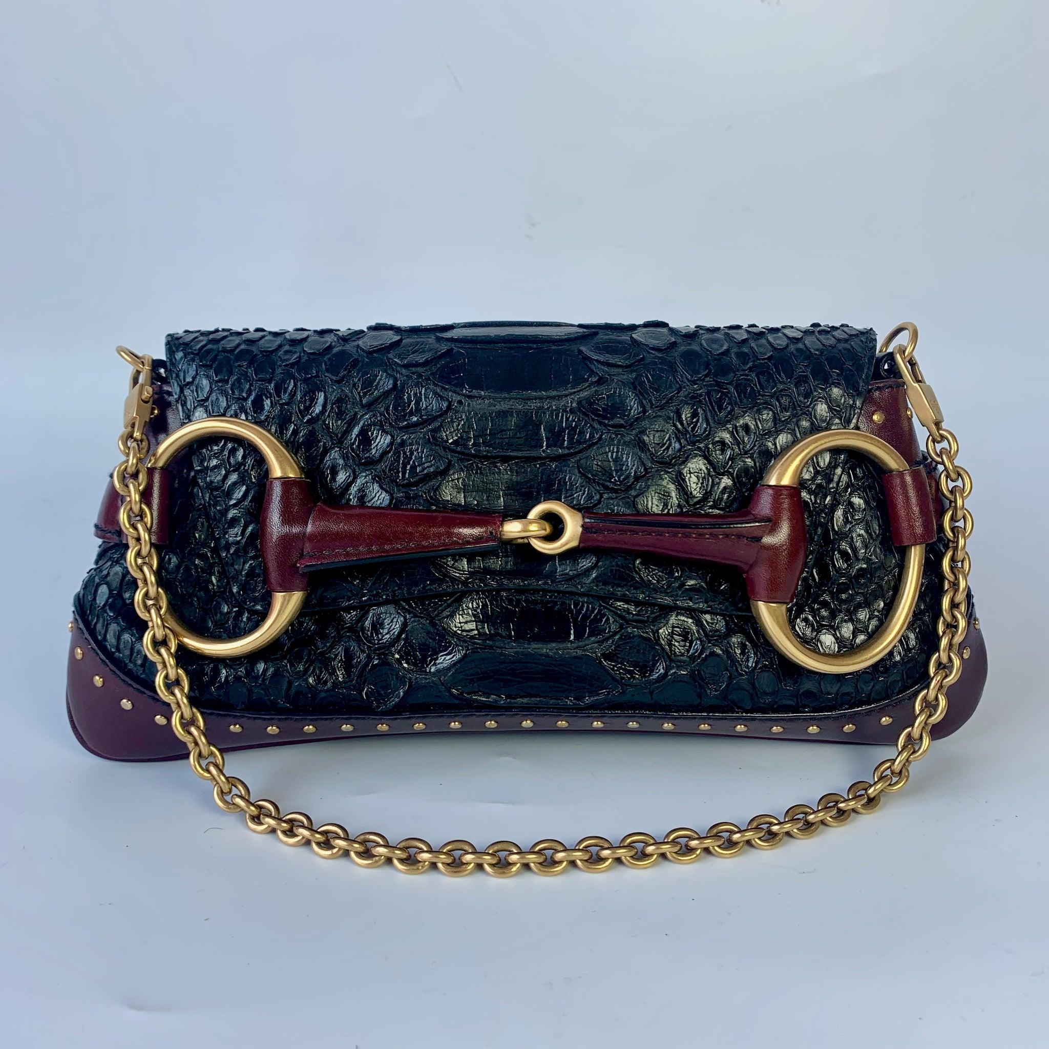 Gucci Horsebit 1955 Black Crocodile Skin and Burgundy Leather based and Gold Hardware Small
 These are professional photos of the actual bag offered by Luxbags.
 
 Iconic Gucci Horsebit 1955 chain shoulder bag. Tom Ford design. This extremely rare