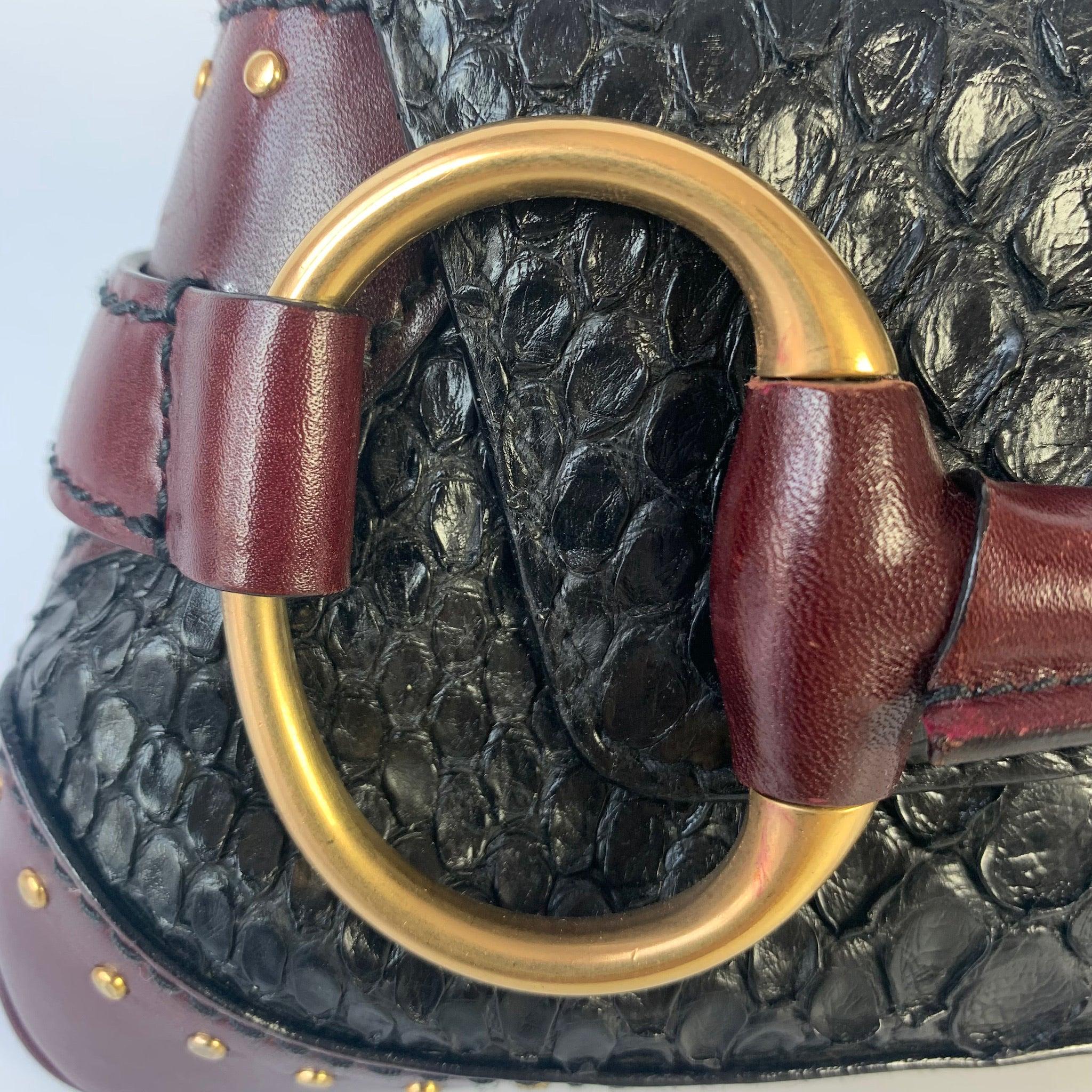 Gucci Horsebit 1955 Black Crocodile Skin, Burgundy Leather Based & Gold Hardware 16