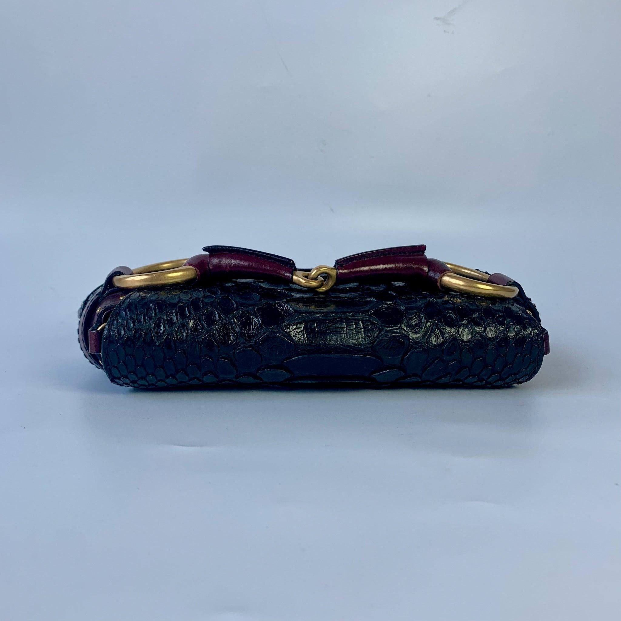Gucci Horsebit 1955 Black Crocodile Skin, Burgundy Leather Based & Gold Hardware 1