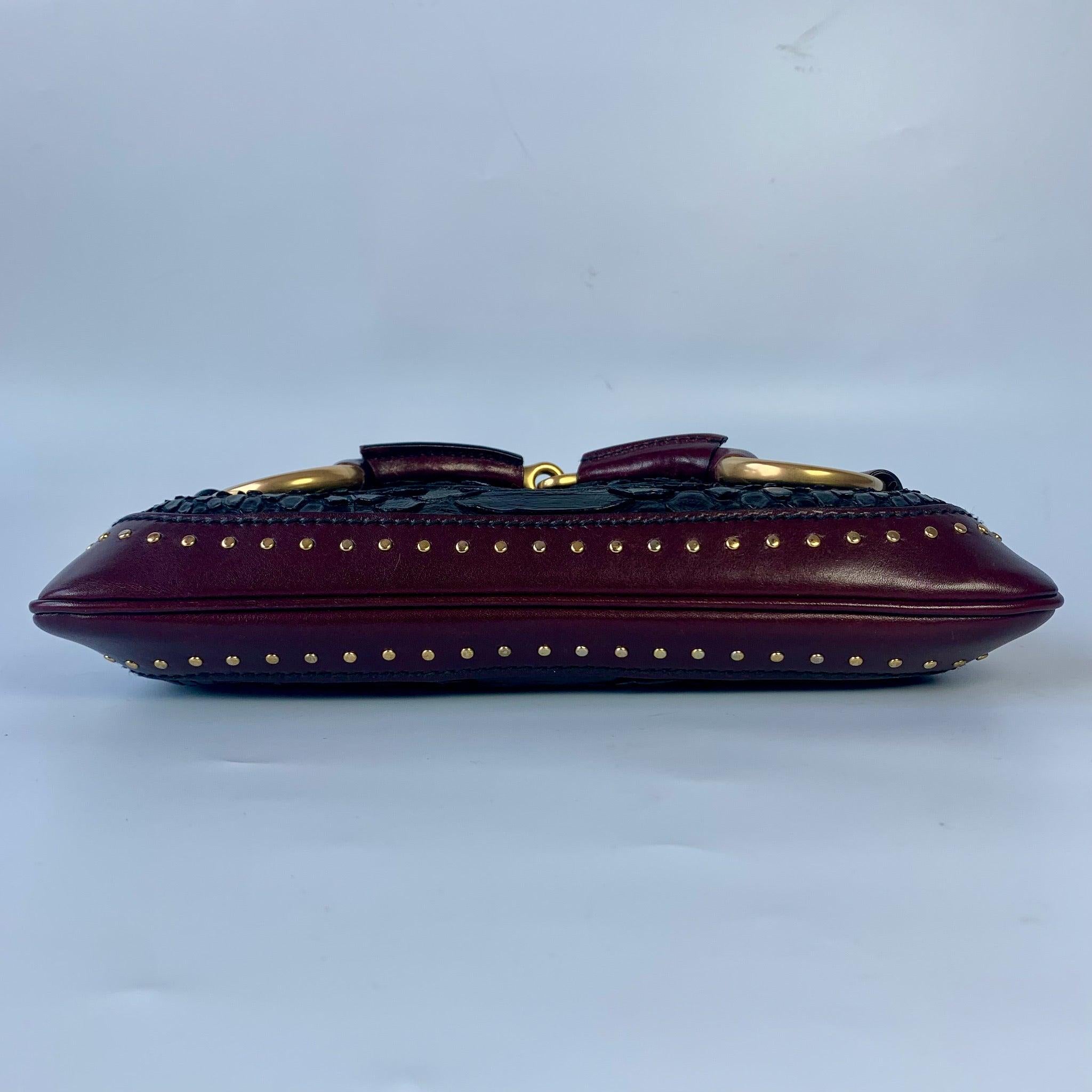 Gucci Horsebit 1955 Black Crocodile Skin, Burgundy Leather Based & Gold Hardware 2