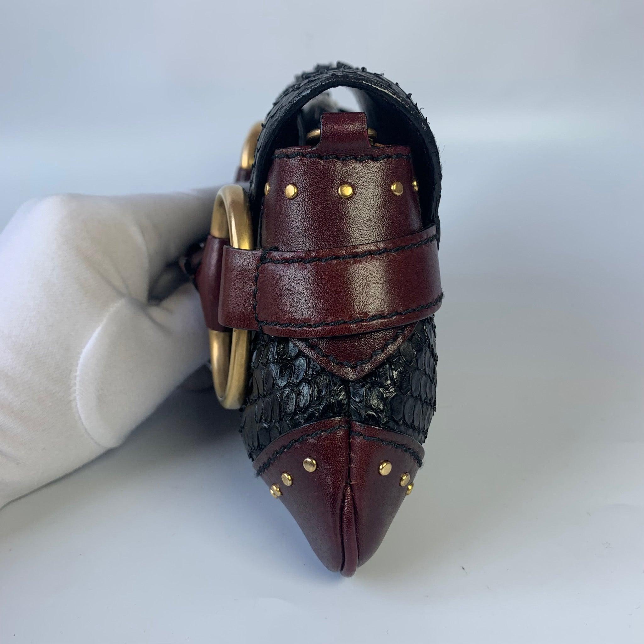 Gucci Horsebit 1955 Black Crocodile Skin, Burgundy Leather Based & Gold Hardware 3