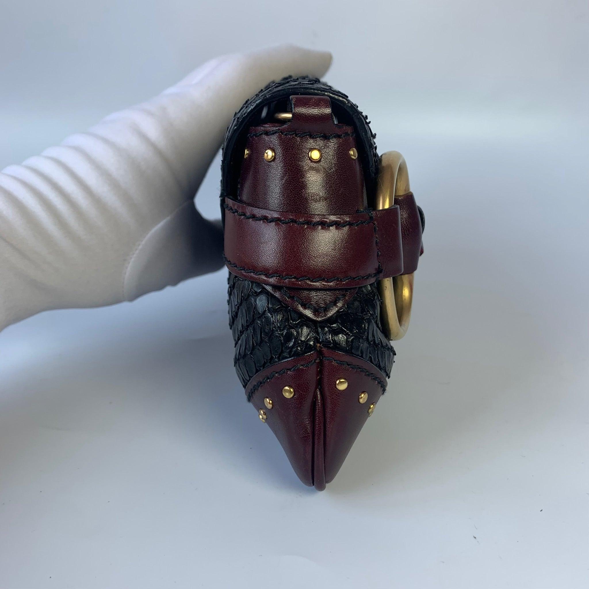 Gucci Horsebit 1955 Black Crocodile Skin, Burgundy Leather Based & Gold Hardware 4
