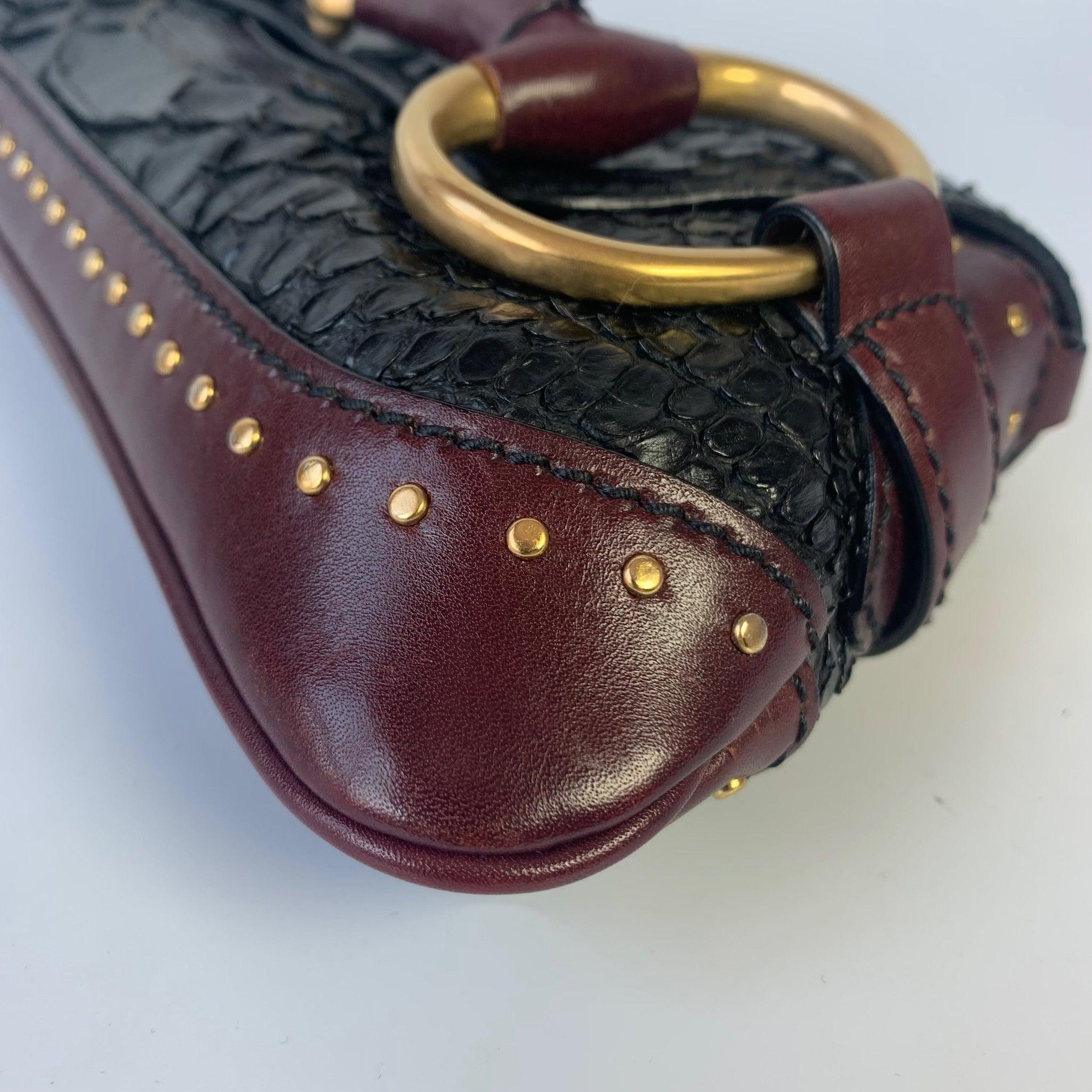 Gucci Horsebit 1955 Black Crocodile Skin, Burgundy Leather Based & Gold Hardware 5