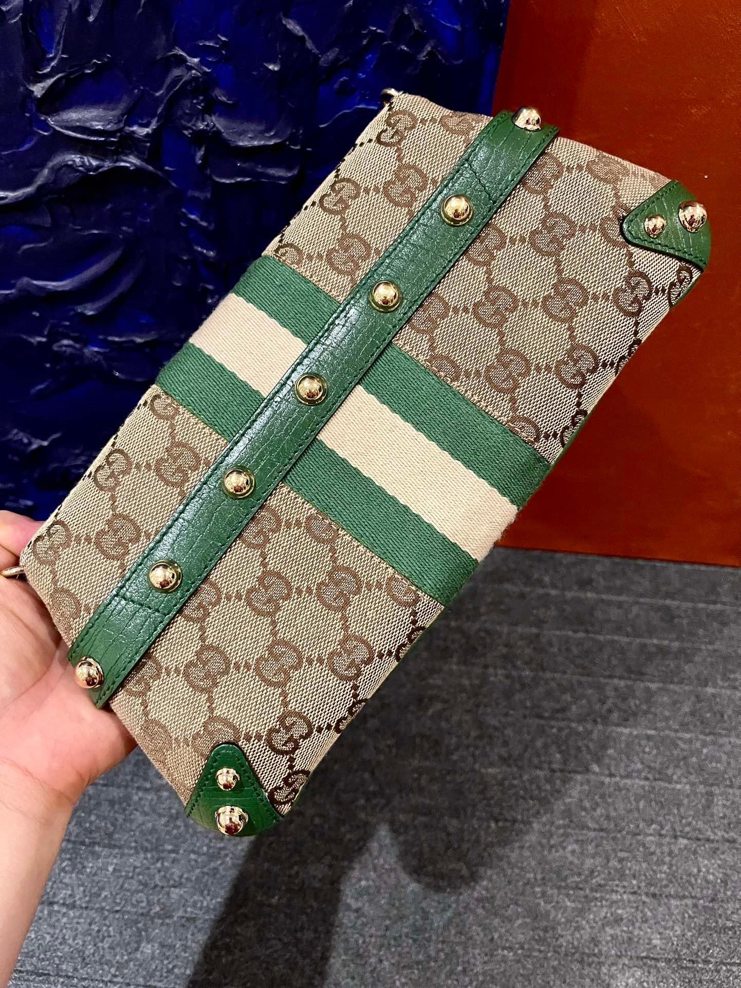 Gucci Horsebit 1955 Chain Bag Gucci Monogram Green Leather and Gold Studs 6