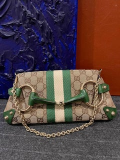 Gucci Horsebit 1955 Chain Bag Gucci Monogram Green Leather and Gold Studs