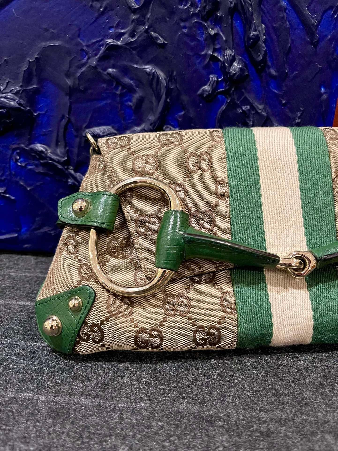 Brown Gucci Horsebit 1955 Chain Bag Gucci Monogram Green Leather and Gold Studs