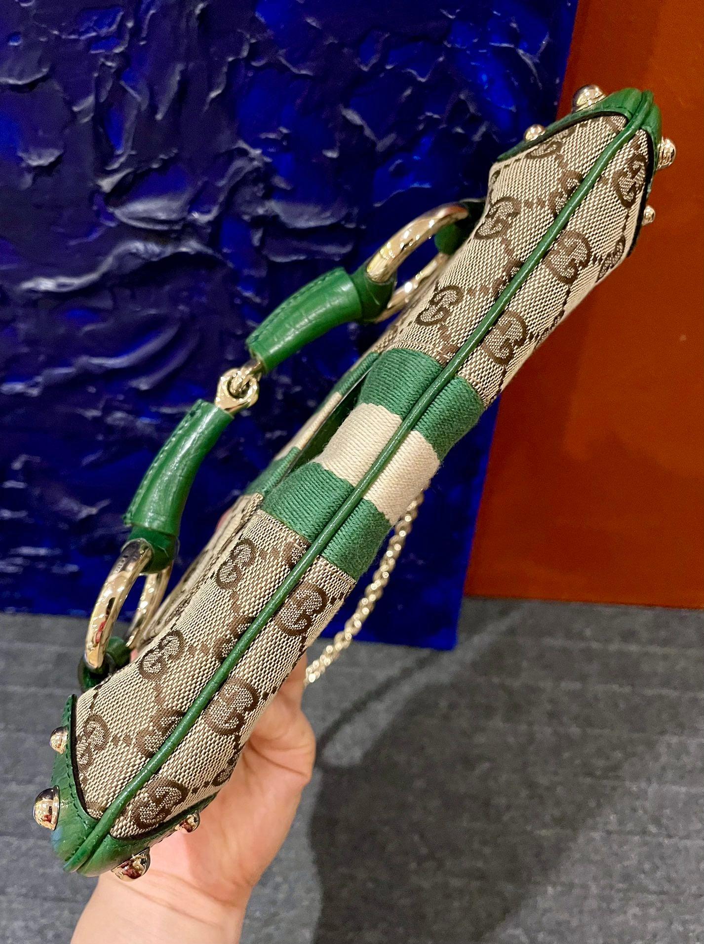 Women's Gucci Horsebit 1955 Chain Bag Gucci Monogram Green Leather and Gold Studs
