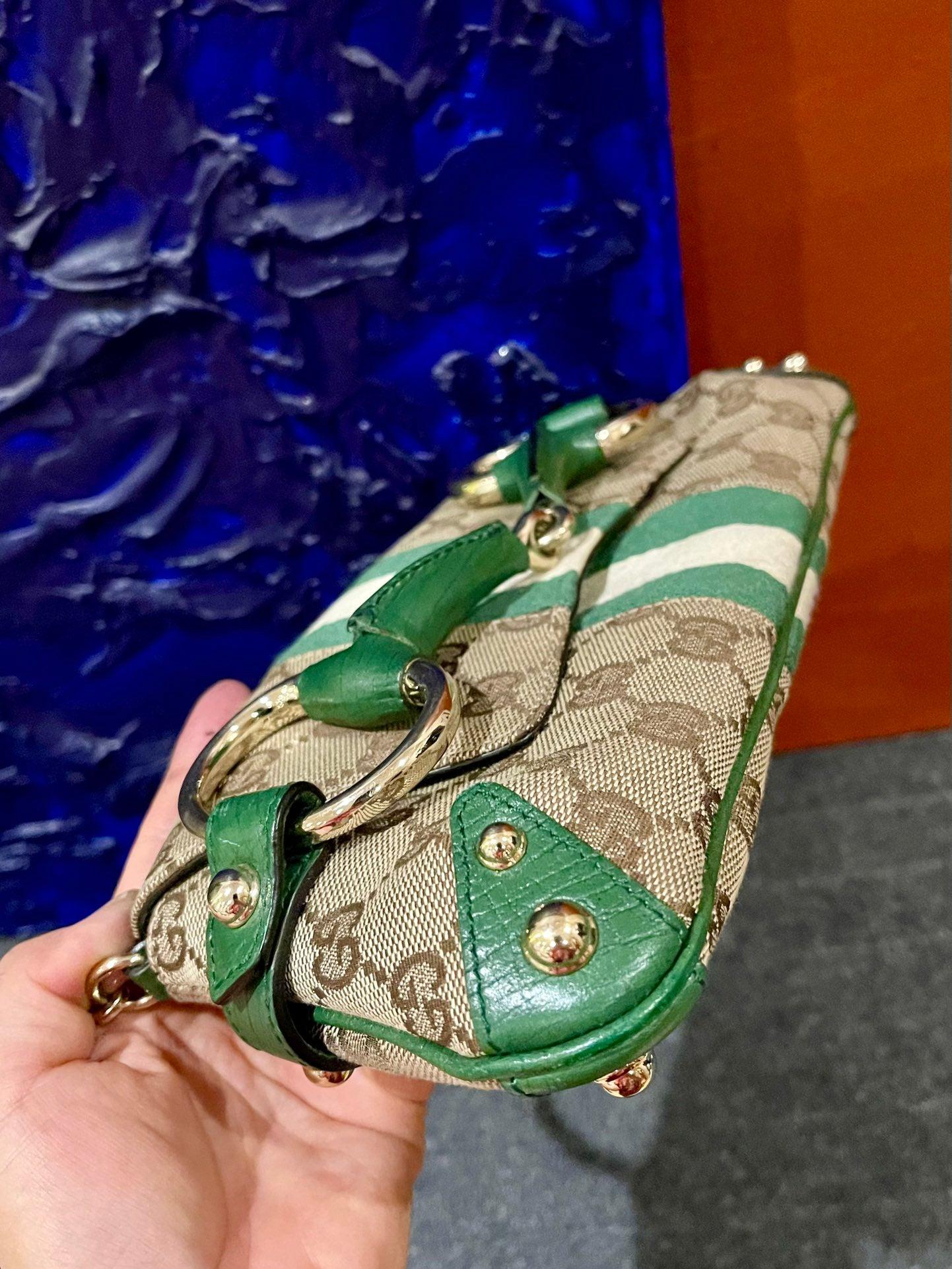 Gucci Horsebit 1955 Chain Bag Gucci Monogram Green Leather and Gold Studs 1