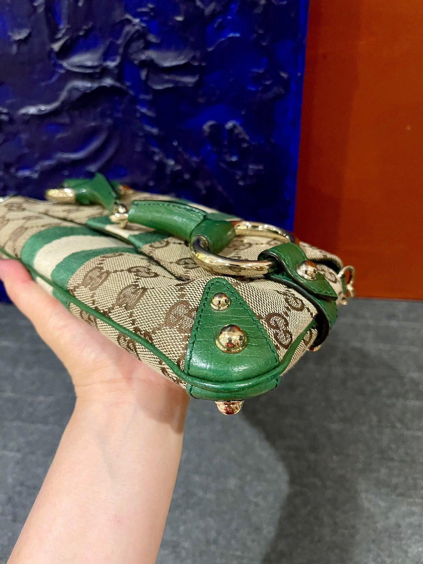 Gucci Horsebit 1955 Chain Bag Gucci Monogram Green Leather and Gold Studs 2