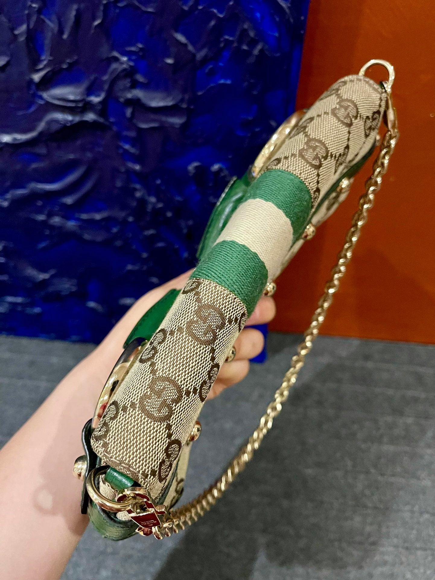 Gucci Horsebit 1955 Chain Bag Gucci Monogram Green Leather and Gold Studs 3