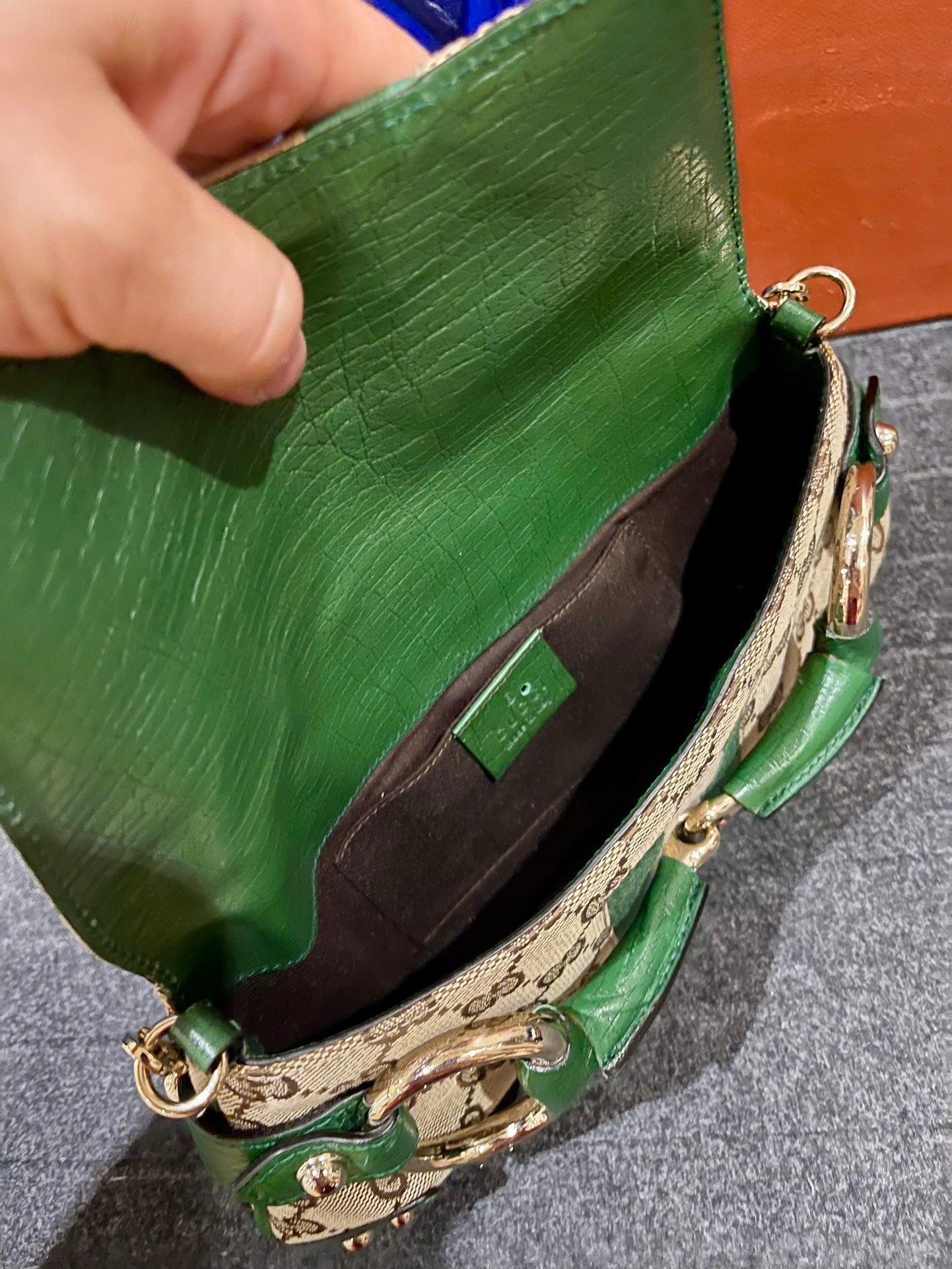 Gucci Horsebit 1955 Chain Bag Gucci Monogram Green Leather and Gold Studs 4