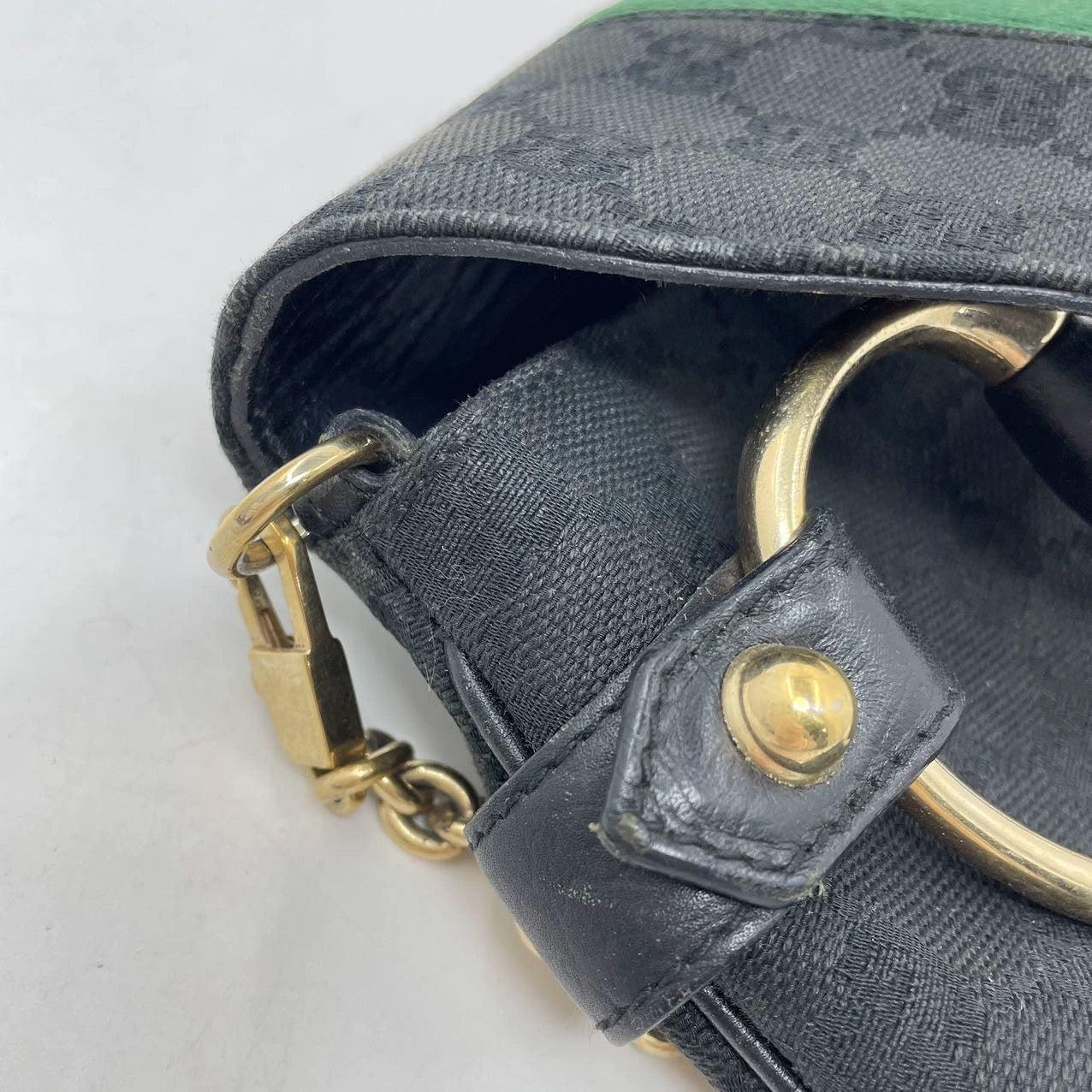 Gucci Horsebit 1955 Chain Cloth Black Gucci Monogram with Iconic Gucci Strip For Sale 11