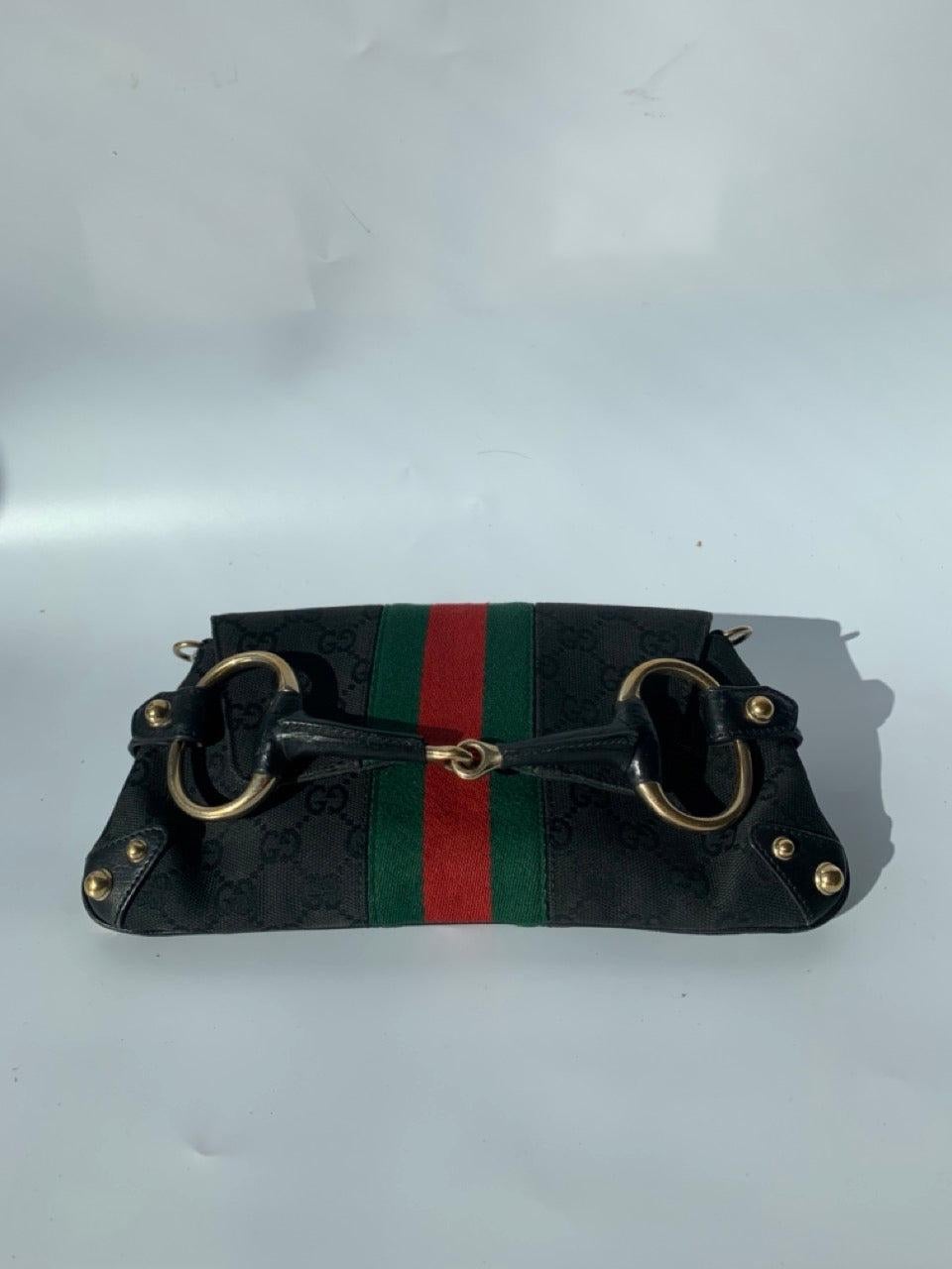 Gucci Horsebit 1955 Chain Cloth Black Gucci Monogram with Iconic Gucci Strip For Sale 12