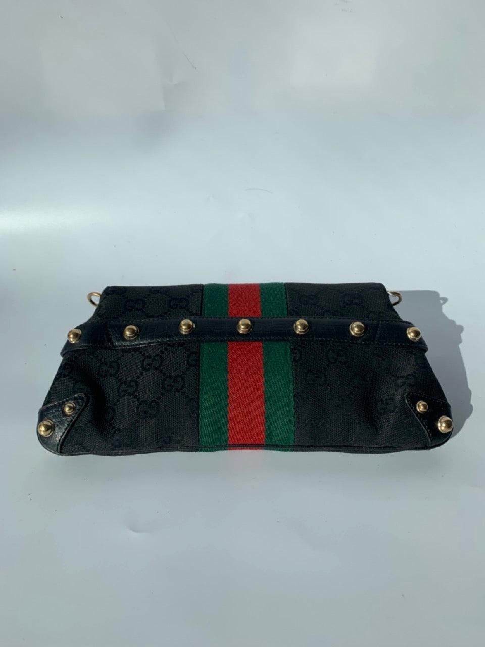Gucci Horsebit 1955 Chain Cloth Black Gucci Monogram with Iconic Gucci Strip For Sale 13