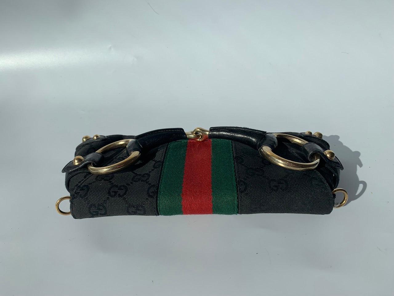 Gucci Horsebit 1955 Chain Cloth Black Gucci Monogram with Iconic Gucci Strip For Sale 14