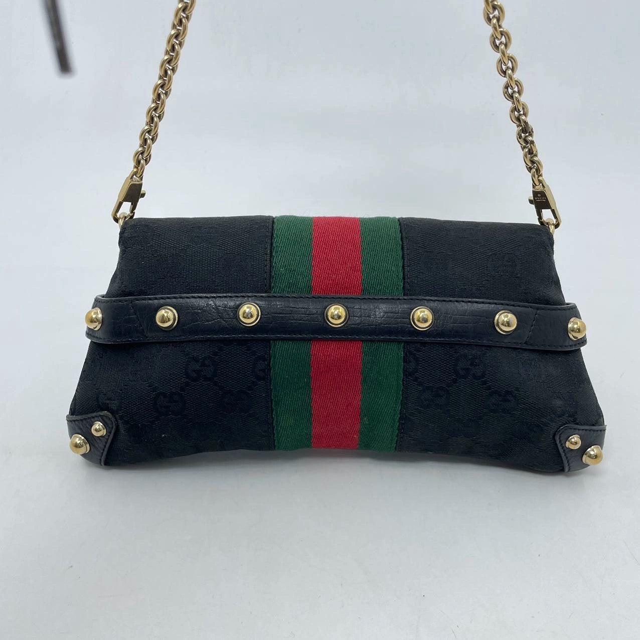 Gucci Horsebit 1955 Chain Cloth Black Gucci Monogram with Iconic Gucci Strip In Good Condition For Sale In AUBERVILLIERS, FR