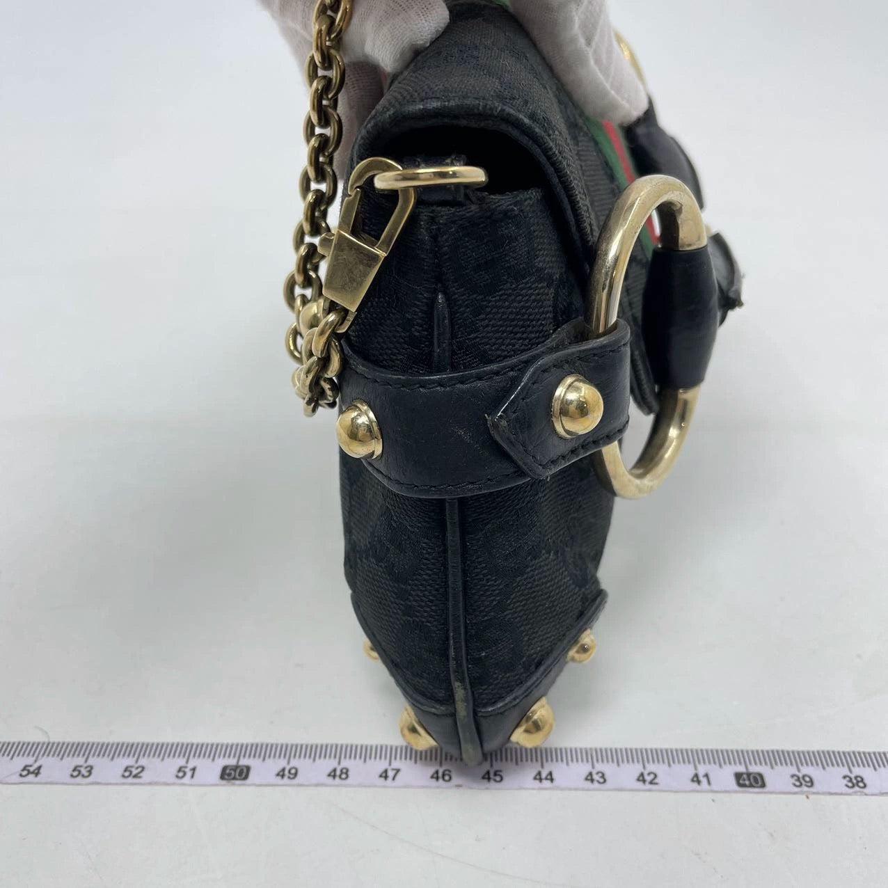 Women's Gucci Horsebit 1955 Chain Cloth Black Gucci Monogram with Iconic Gucci Strip For Sale