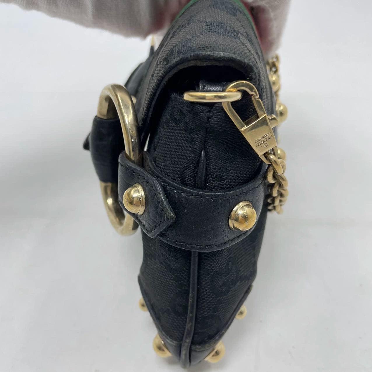 Gucci Horsebit 1955 Chain Cloth Black Gucci Monogram with Iconic Gucci Strip For Sale 1