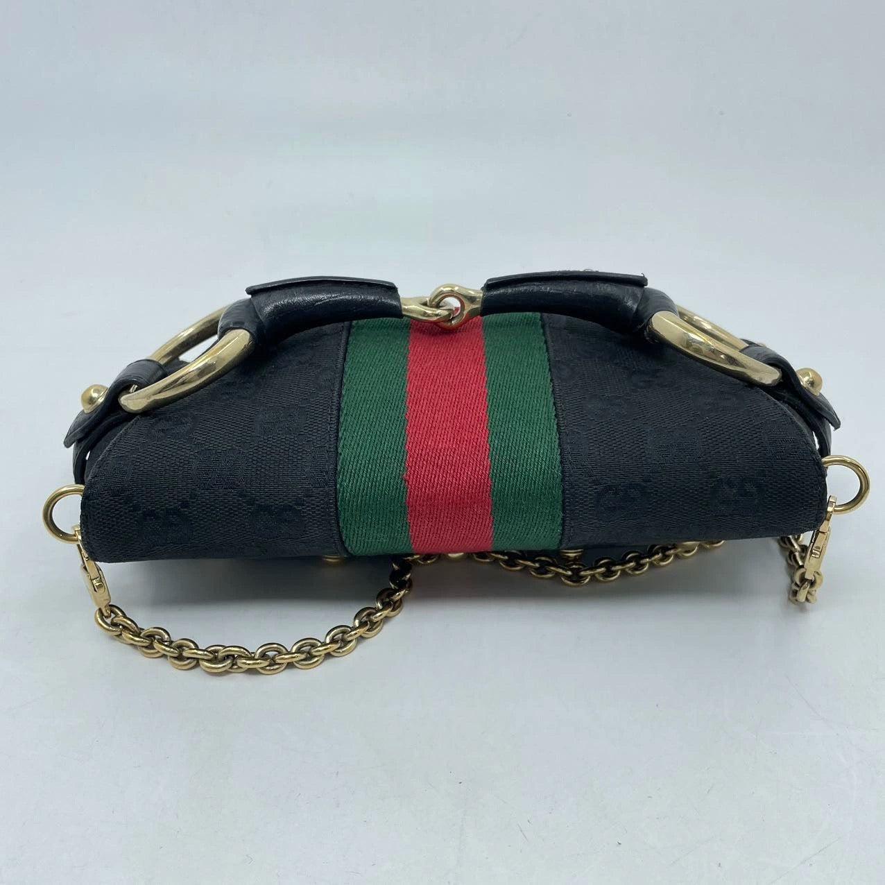 Gucci Horsebit 1955 Chain Cloth Black Gucci Monogram with Iconic Gucci Strip For Sale 2