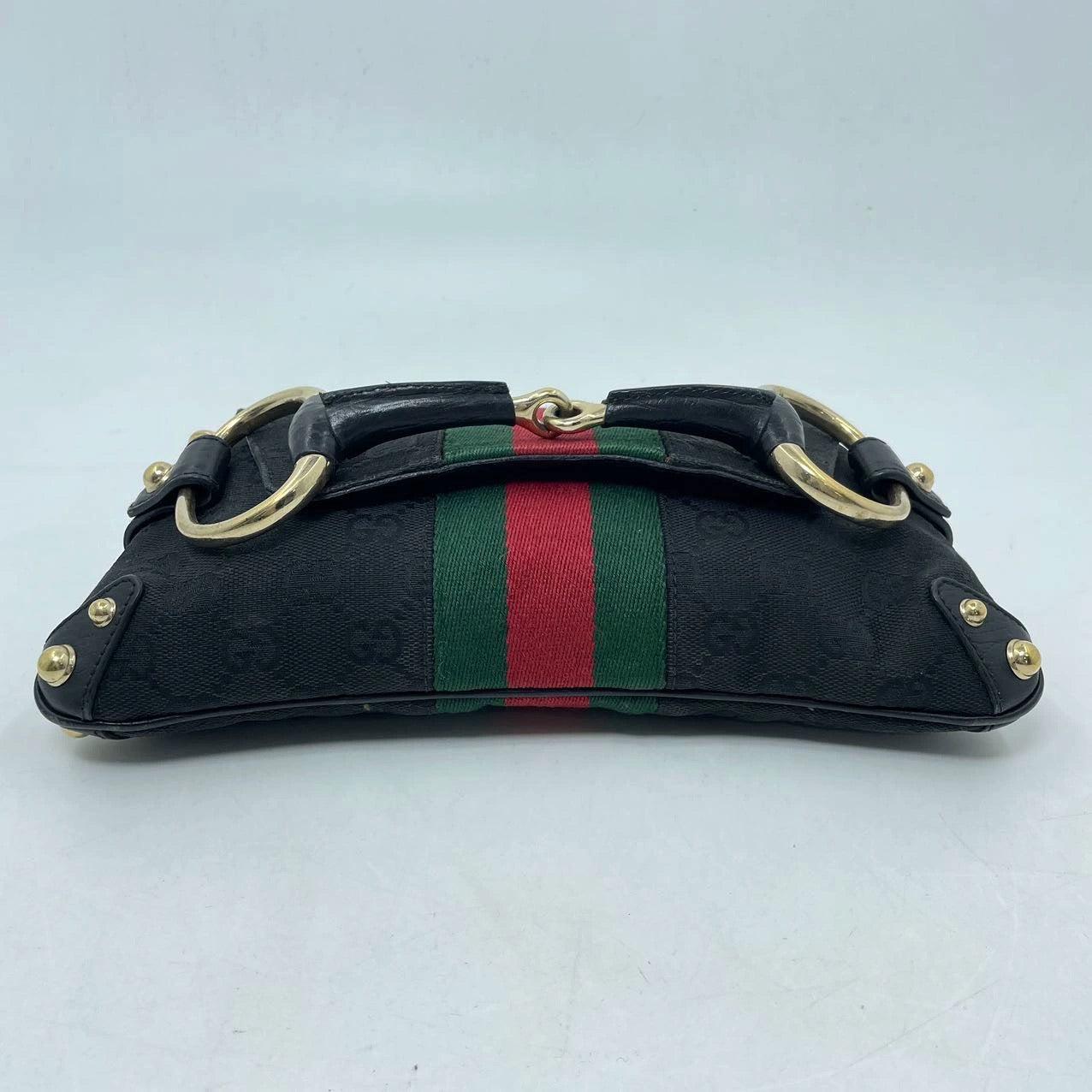 Gucci Horsebit 1955 Chain Cloth Black Gucci Monogram with Iconic Gucci Strip For Sale 3