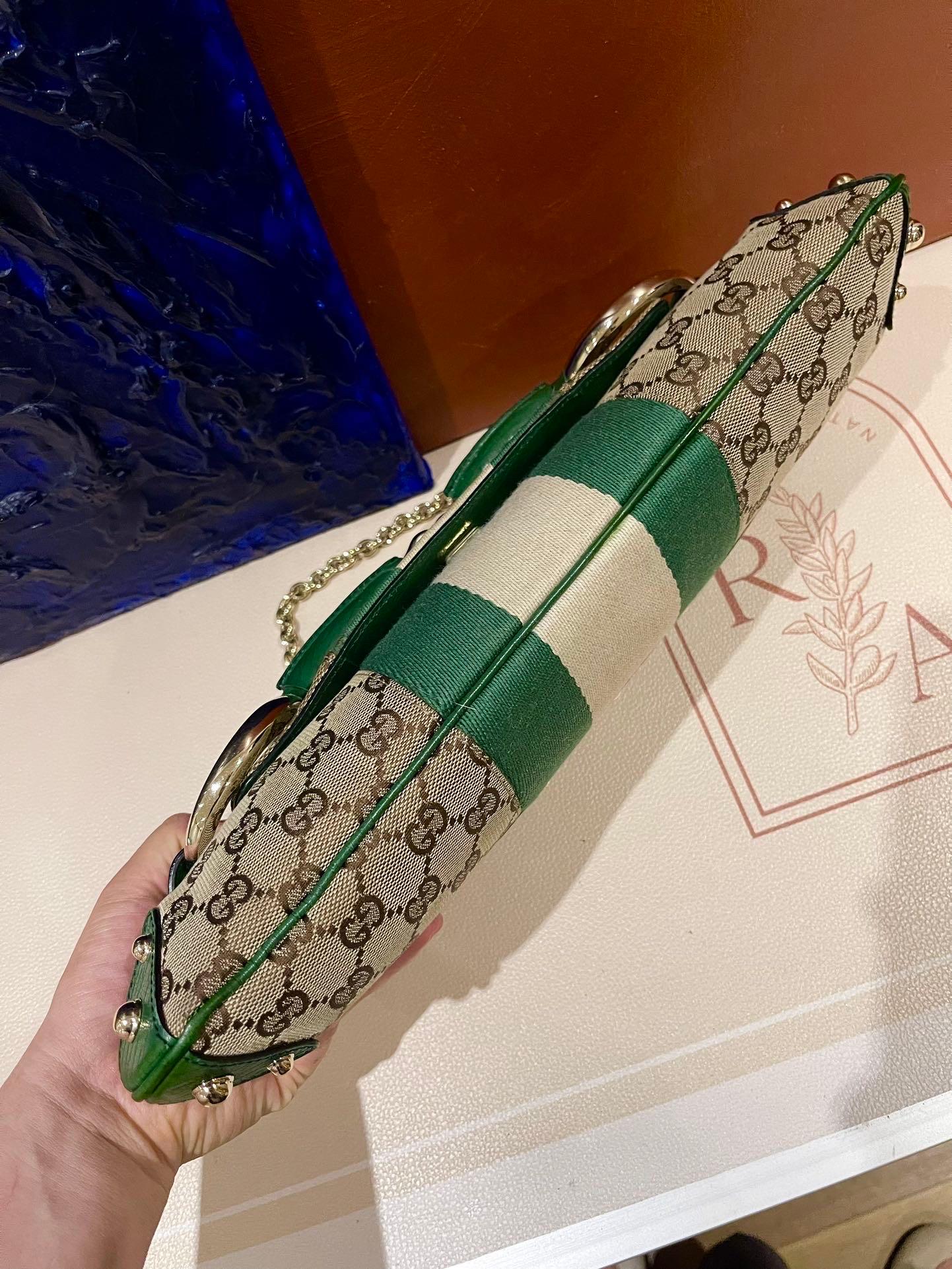 Gucci Horsebit 1955 Chain Cloth Gucci Monogram Green Leather and Gold Studs 5