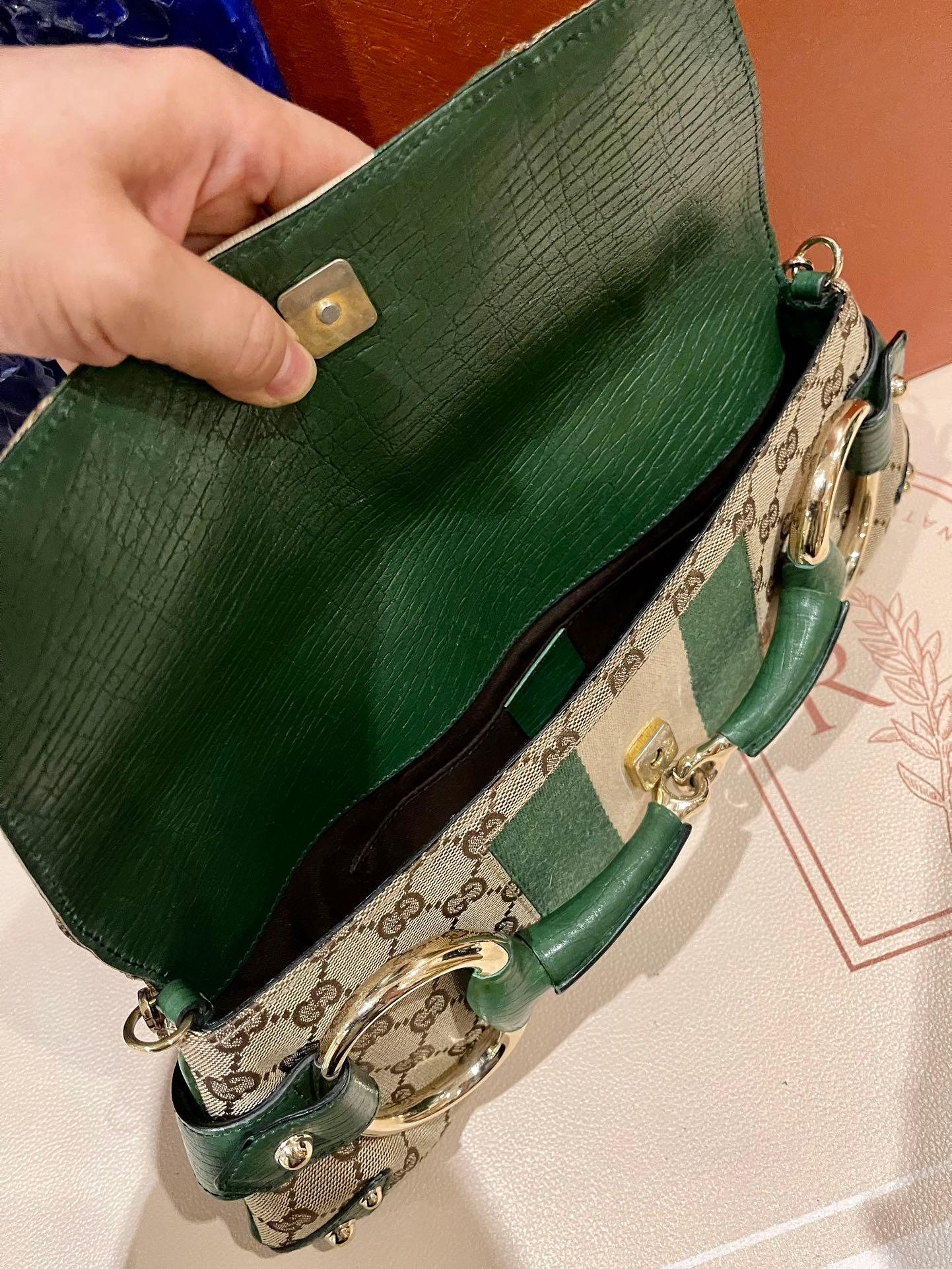 Gucci Horsebit 1955 Chain Cloth Gucci Monogram Green Leather and Gold Studs 6