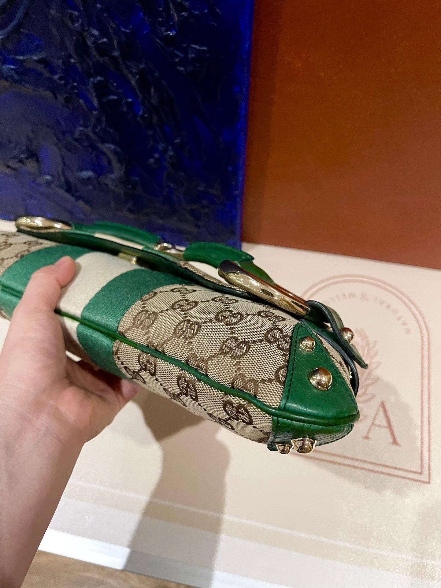 Gucci Horsebit 1955 Chain Cloth Gucci Monogram Green Leather and Gold Studs 6