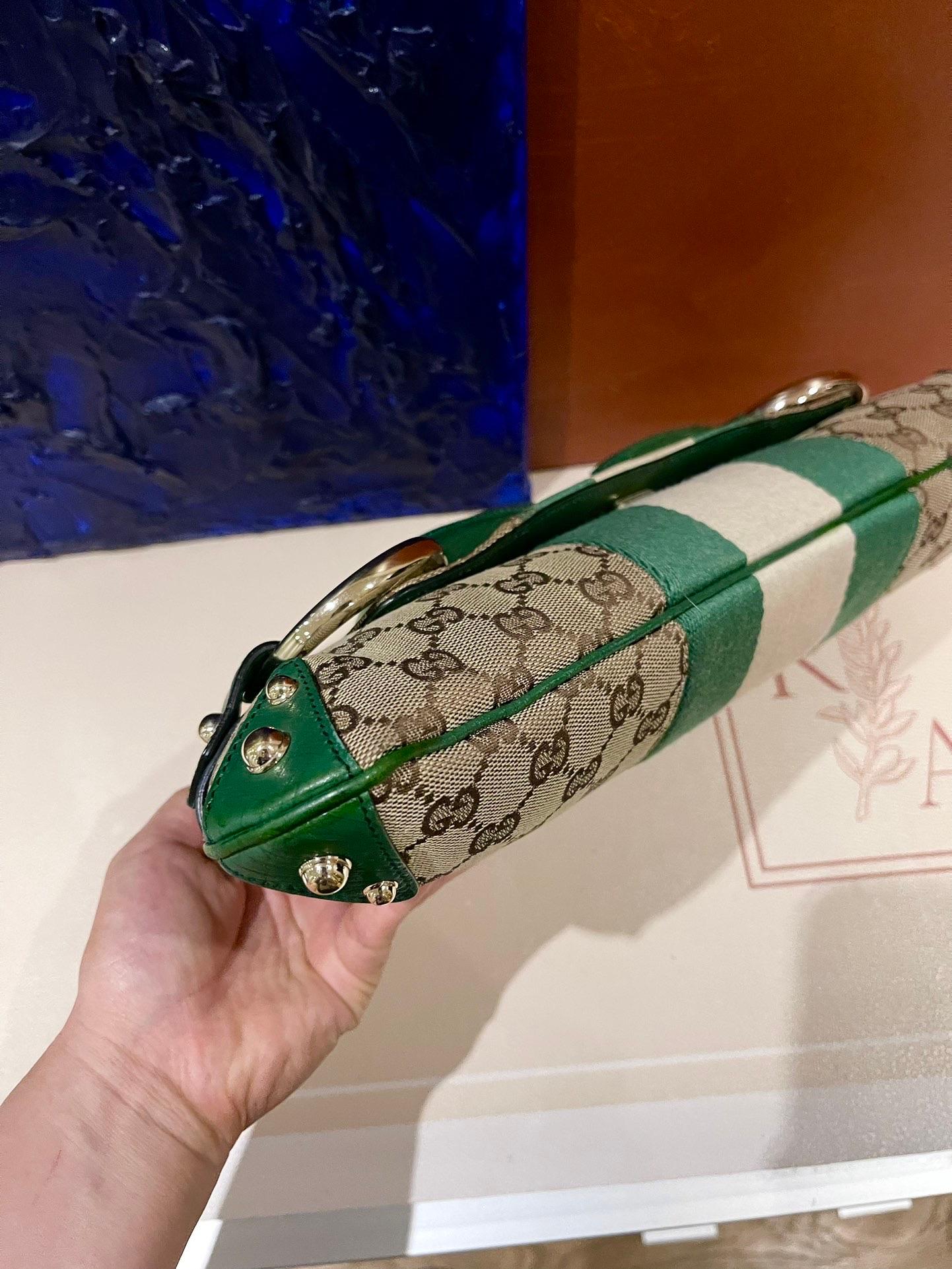 Gray Gucci Horsebit 1955 Chain Cloth Gucci Monogram Green Leather and Gold Studs