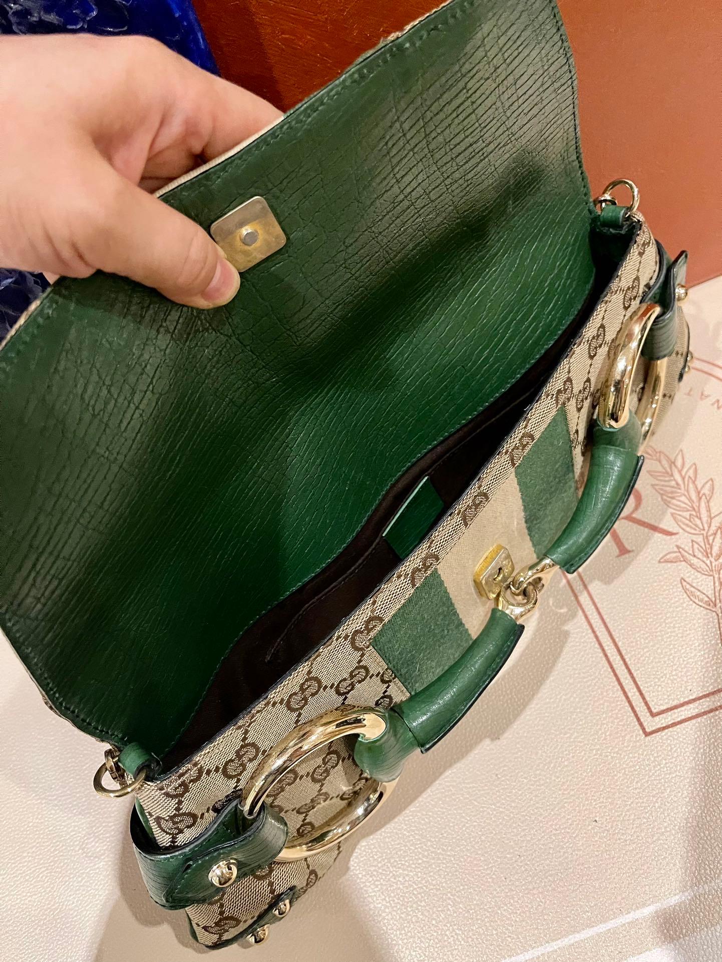 Women's Gucci Horsebit 1955 Chain Cloth Gucci Monogram Green Leather and Gold Studs