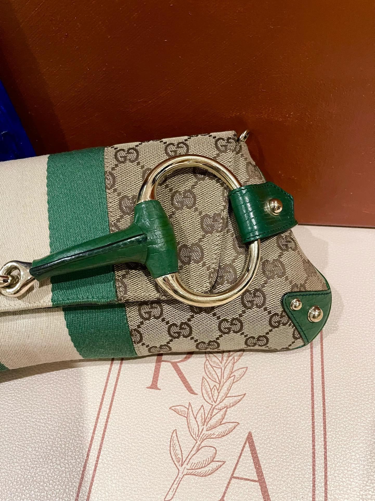 Gucci Horsebit 1955 Chain Cloth Gucci Monogram Green Leather and Gold Studs 1