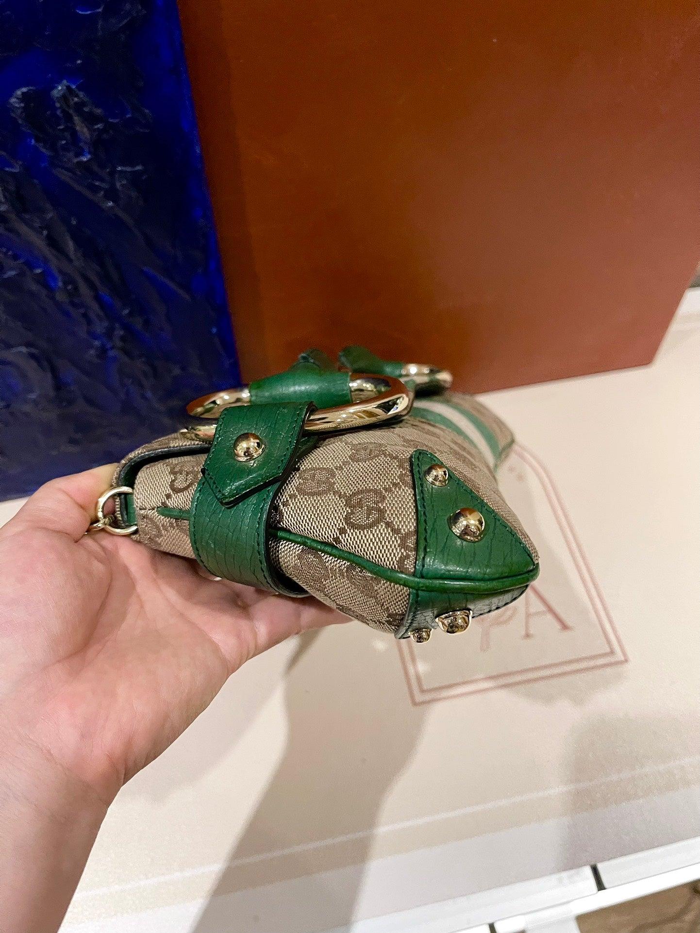 Gucci Horsebit 1955 Chain Cloth Gucci Monogram Green Leather and Gold Studs 2