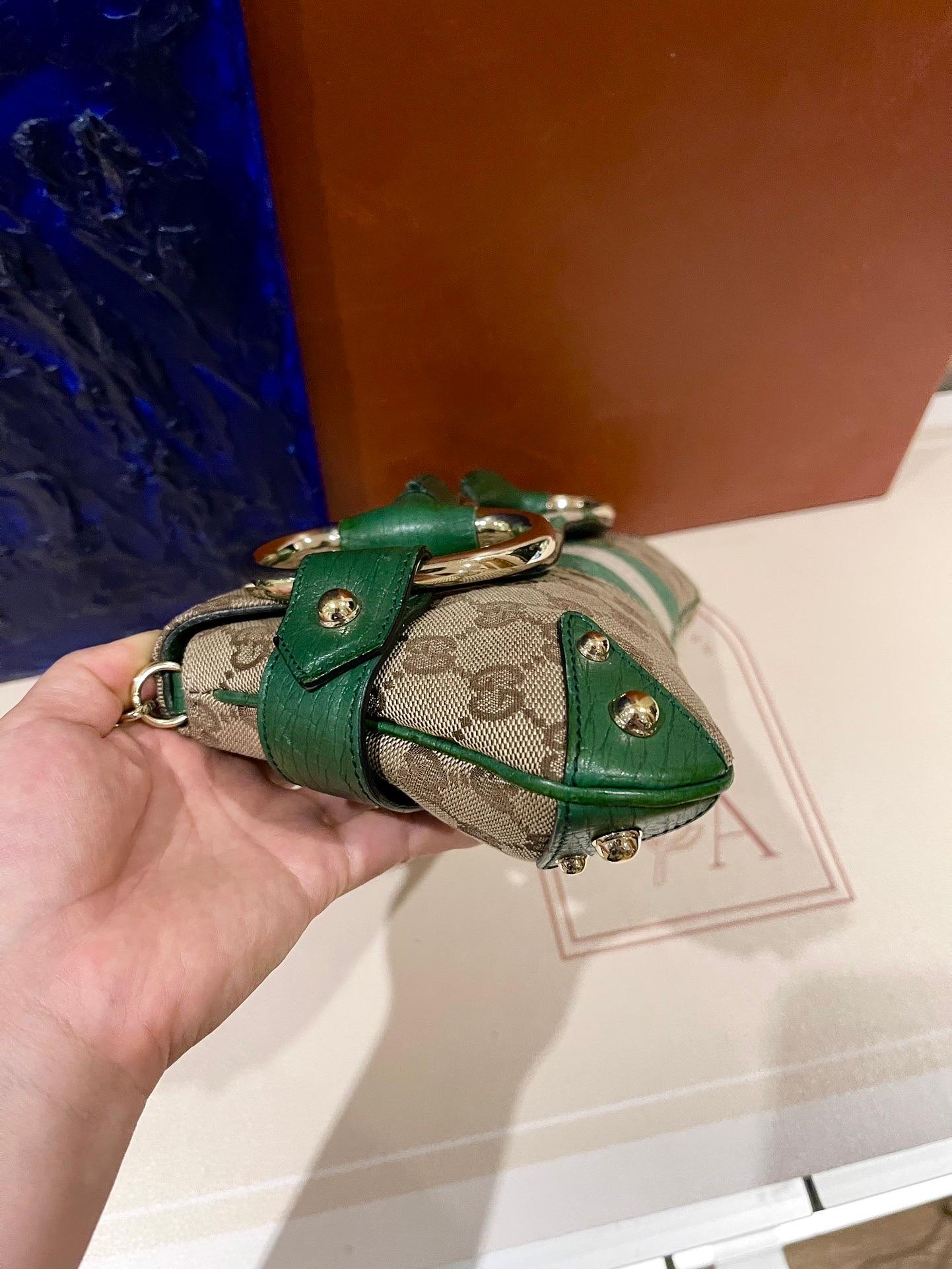 Gucci Horsebit 1955 Chain Cloth Gucci Monogram Green Leather and Gold Studs 2