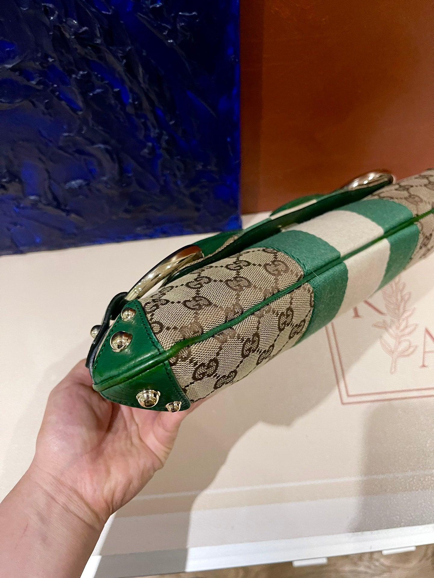 Gucci Horsebit 1955 Chain Cloth Gucci Monogram Green Leather and Gold Studs 3