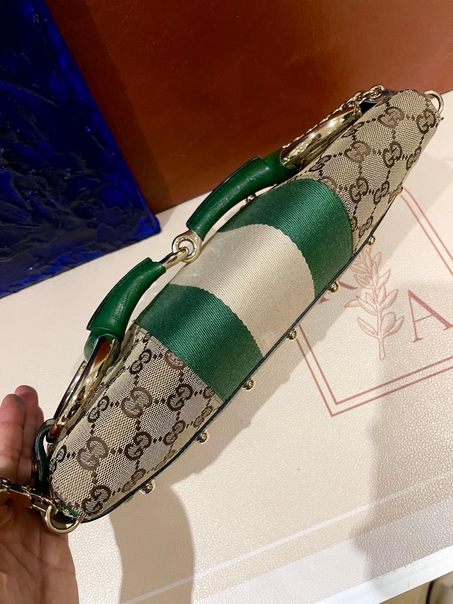 Gucci Horsebit 1955 Chain Cloth Gucci Monogram Green Leather and Gold Studs 3
