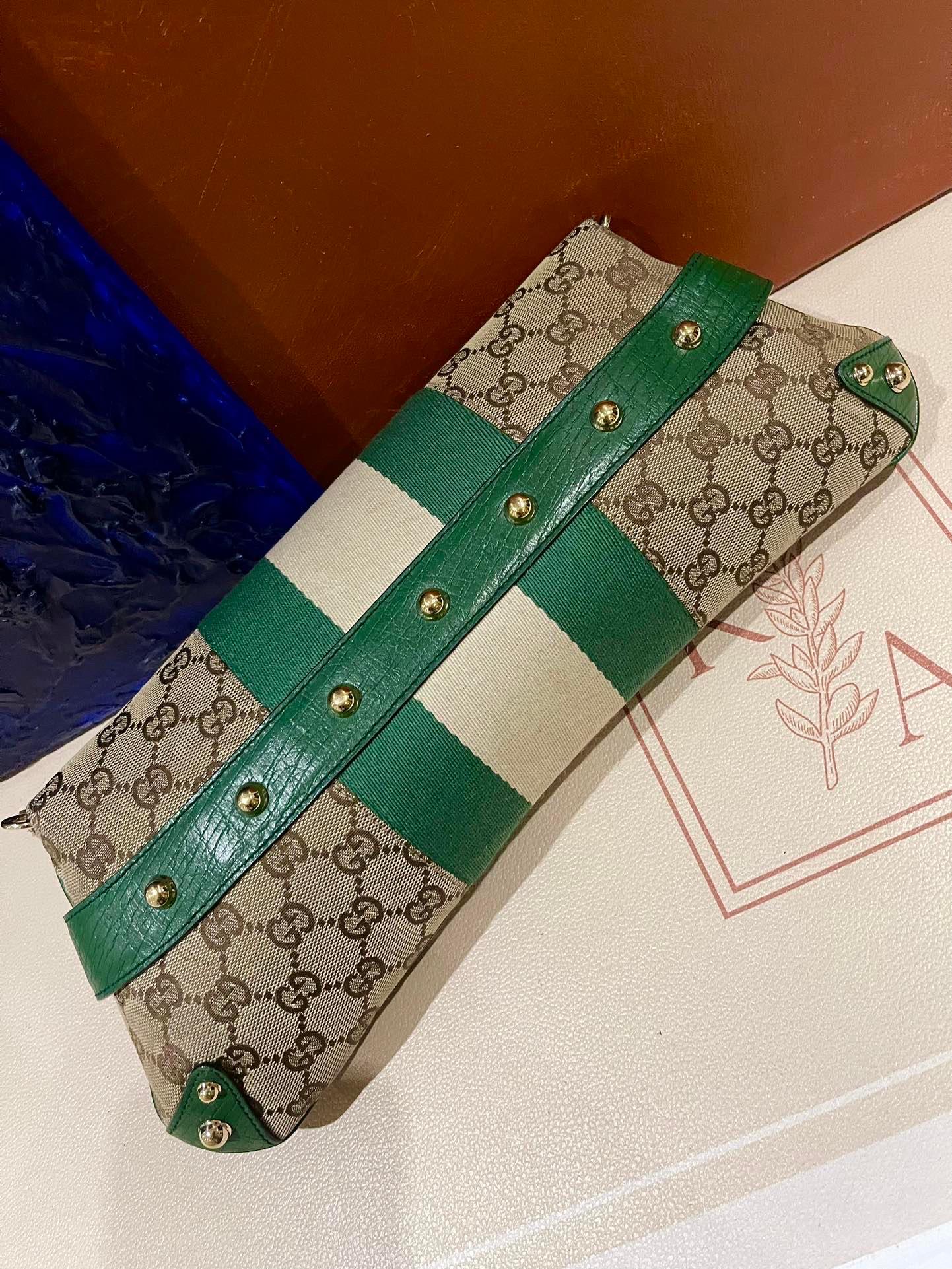 Gucci Horsebit 1955 Chain Cloth Gucci Monogram Green Leather and Gold Studs 4