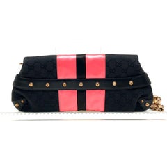 Gucci Horsebit 1955 Chain Large Shoulder Bag Black Monogram with Pink Silk