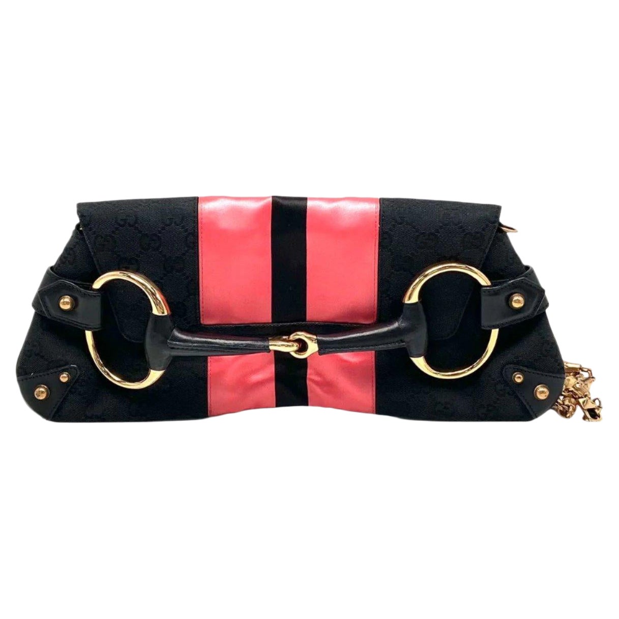 Gucci Horsebit 1955 Bolsa de hombro grande Monograma negro con seda rosa