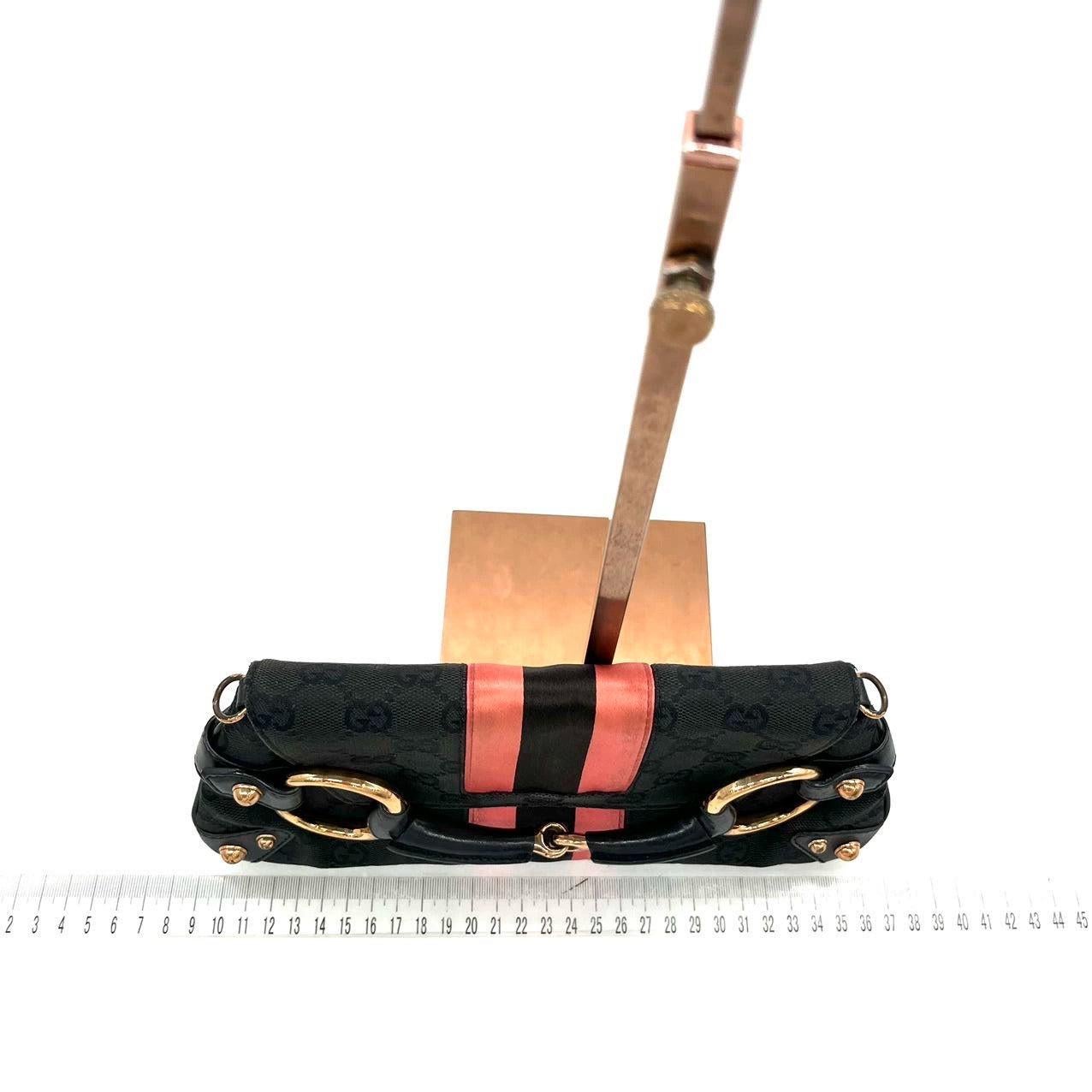 Gucci Horsebit 1955 Chain Shoulder bag Black monogram with Pink silk stripe 6