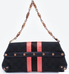 Gucci Horsebit 1955 Chain Shoulder bag Black monogram with Pink silk stripe