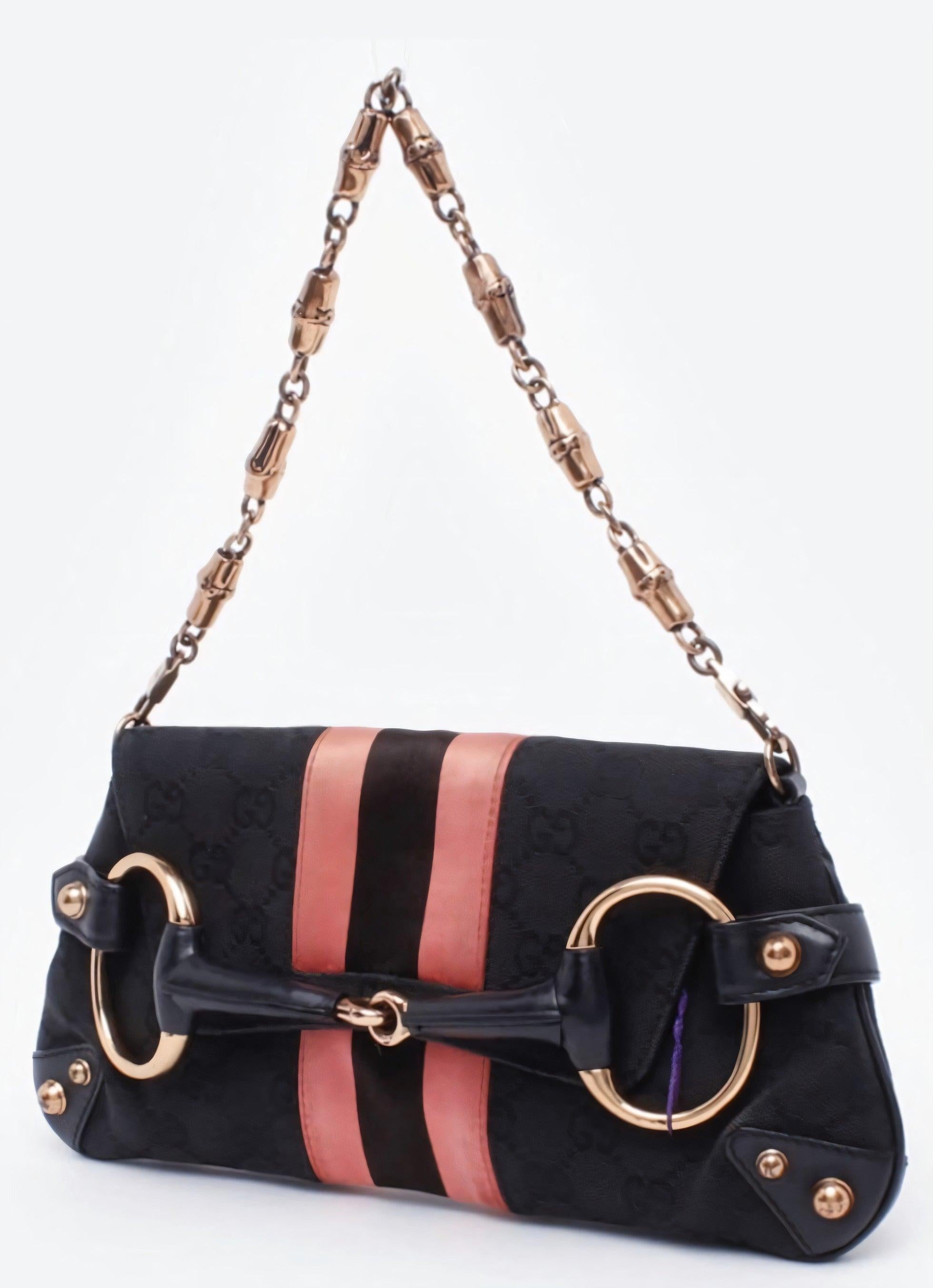 Gucci Horsebit 1955 Chain Shoulder bag Black monogram with Pink silk stripe In Good Condition In AUBERVILLIERS, FR